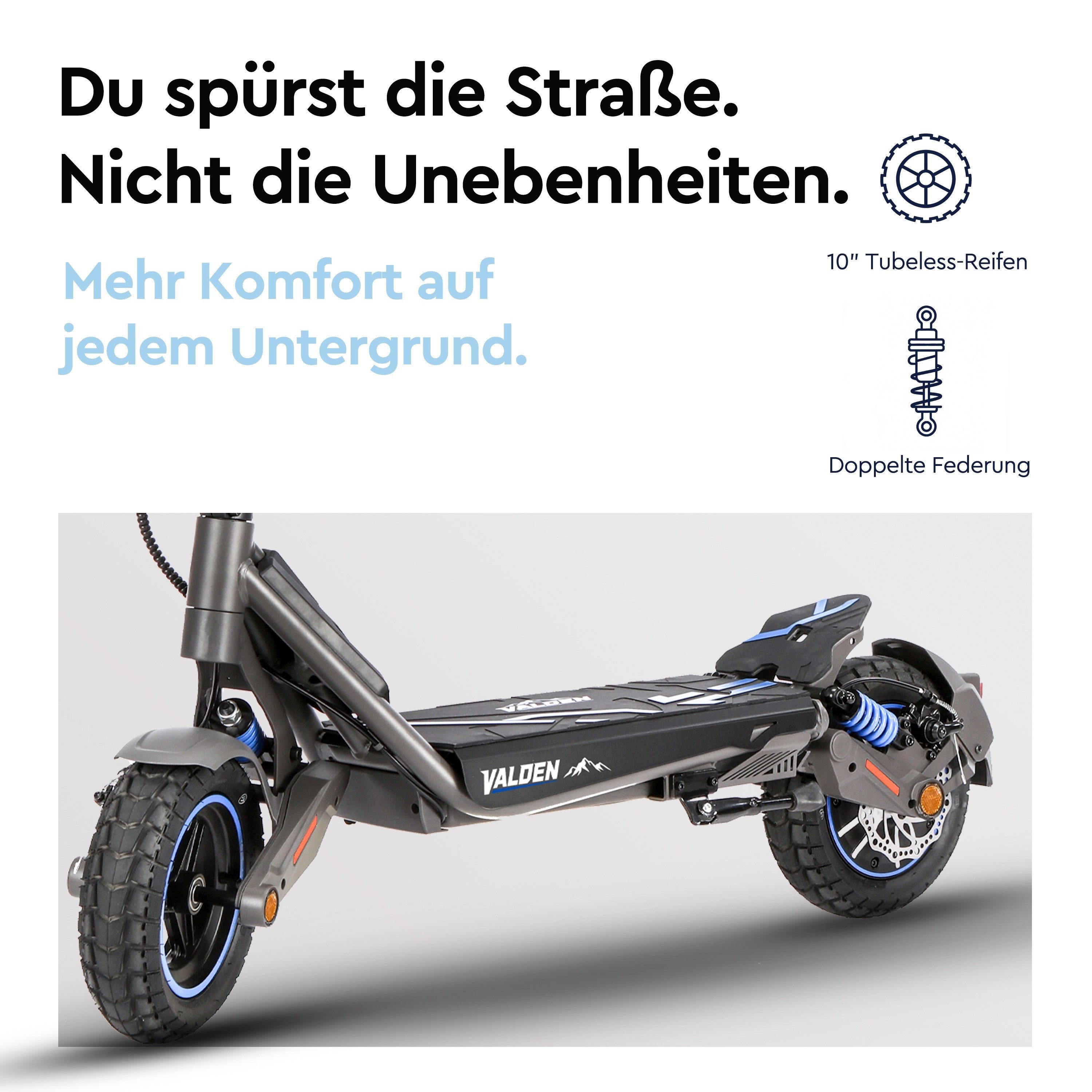 Valden E-Scooter GT mit Straßenzulassung 500 W 60 km Blinker pannensicher NFC Lock, 500 W, 20 km/h, 1000W Spitzenleistung, Vollfederung, 140 kg Tragkraft