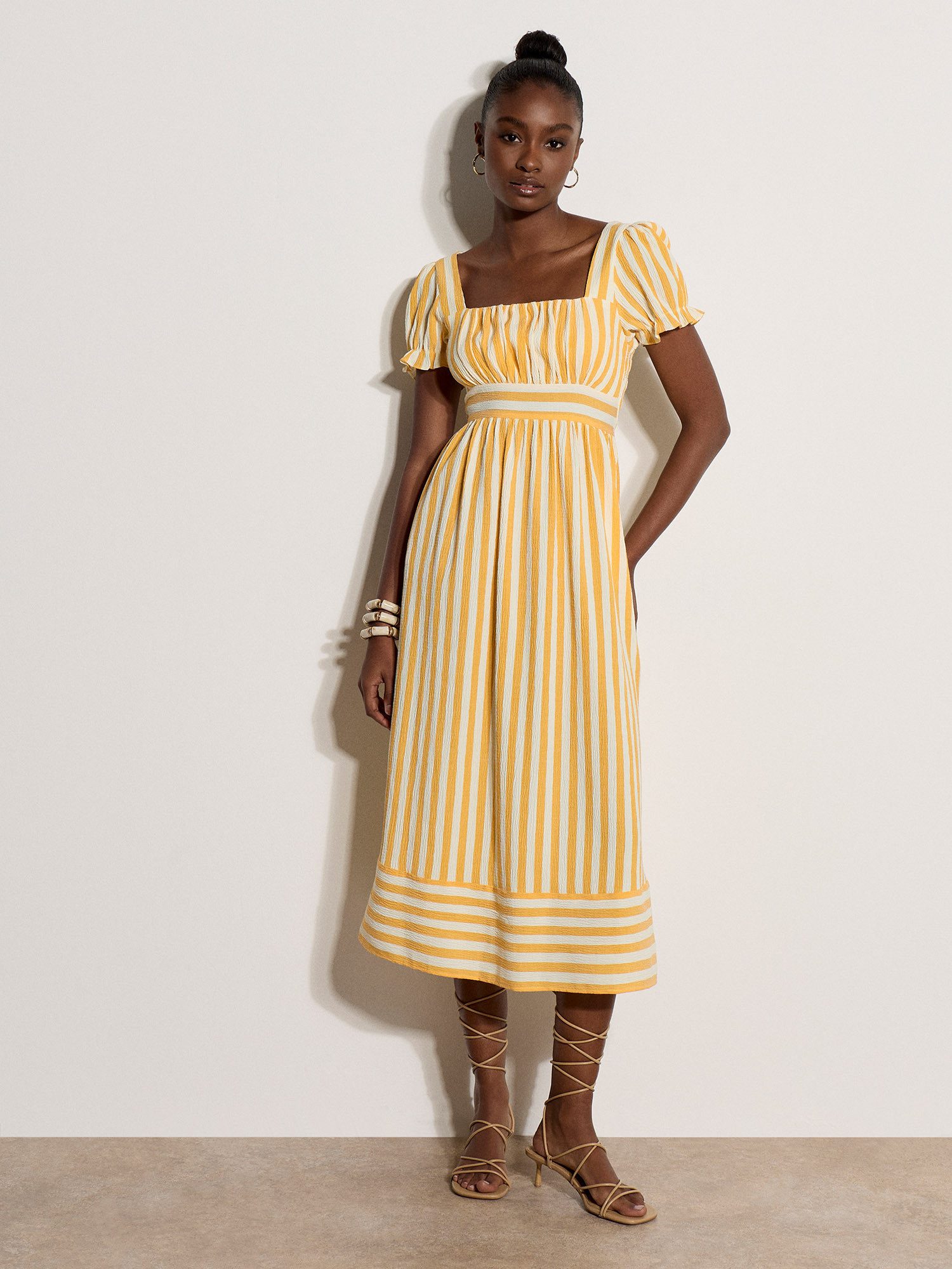 Apricot Midikleid Gestreiftes Midaxi-Kleid im Milchmädchen-Stil mit Raffung