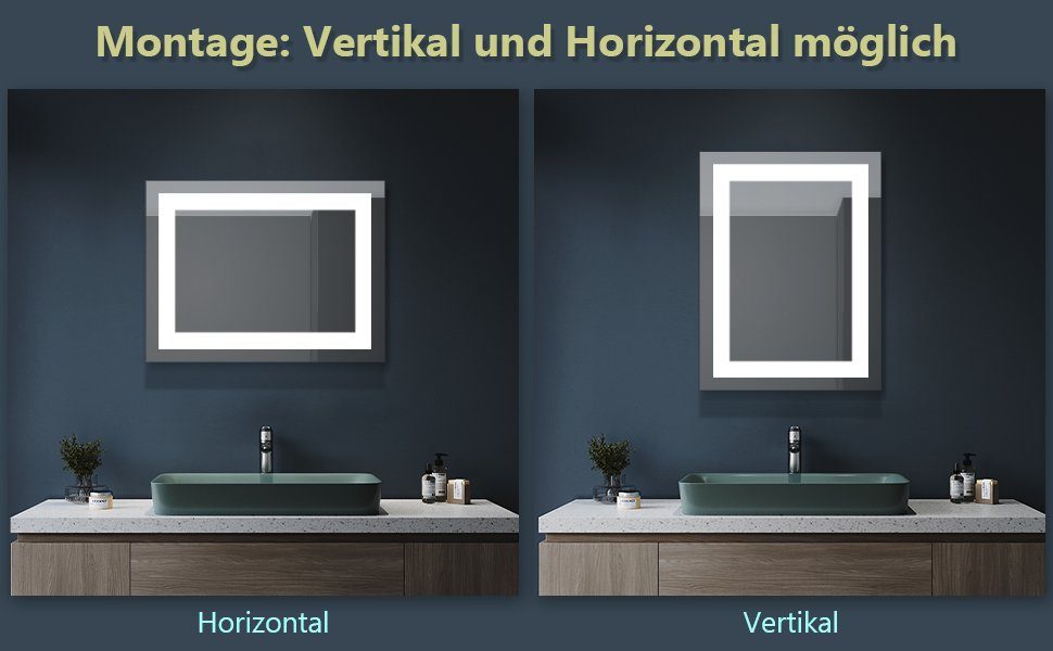 SONNI Badspiegel Badezimmerspiegel, Badspiegel, cm, LED Wandschalter, mit Lichtspiegel 60×50 Beleuchtung, IP44 Wandspiegel, Badspiegel