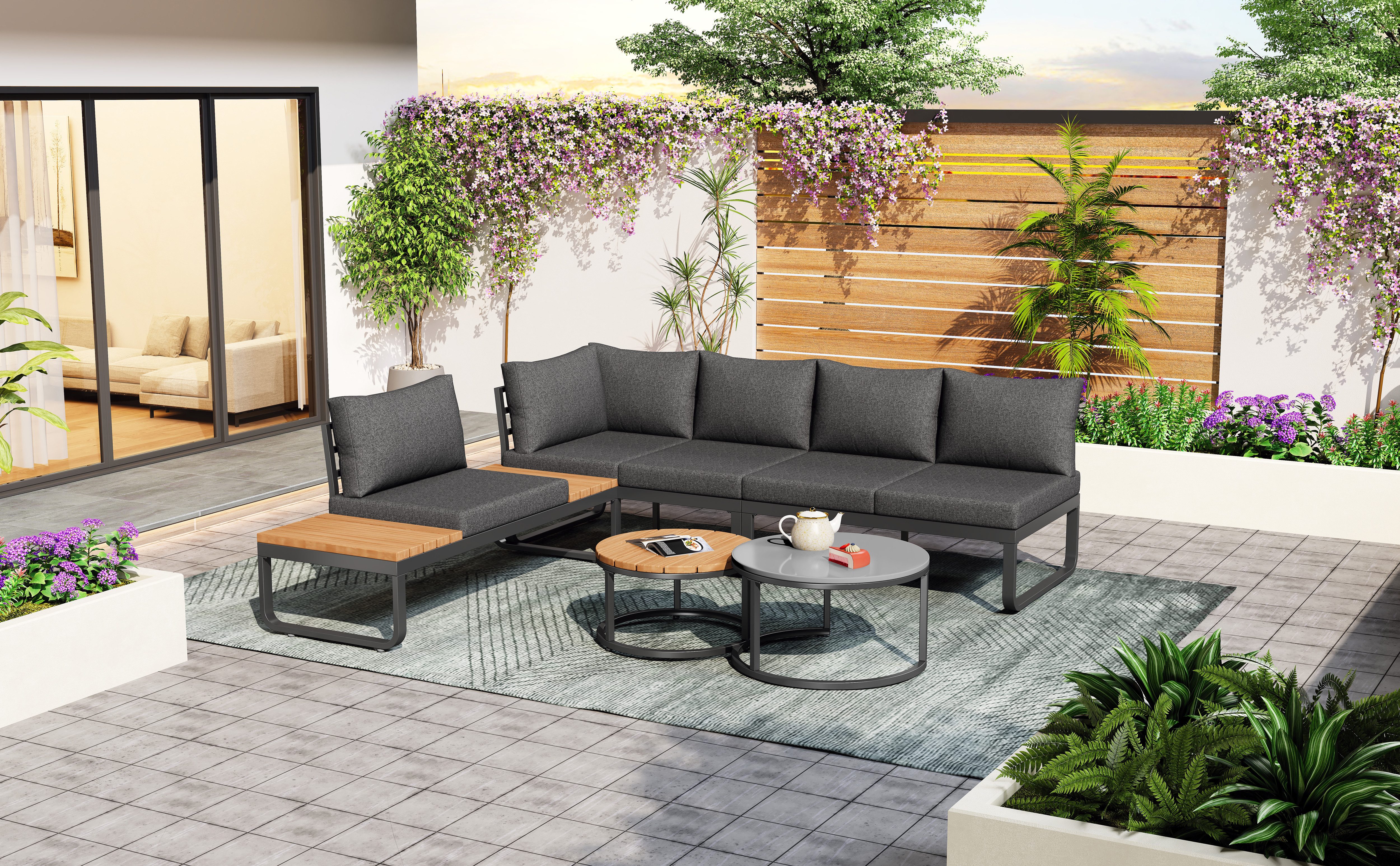 OKWISH Gartenlounge-Set 4-5 Personen Gartenmöbel-Set, 2 Couchtische, verzinkter Eisenrahmen, (Gartenmöbel-Set für 4-5 Personen – 2 Stapelbare Couchtische, Ergonomisches Sofa mit verstellbaren Füßen, Rostfreier Eisenrahmen, Bequeme Kissen und Graue Polster – Perfekt für Garten, Balkon & Terrasse), mit Relaxfunktion