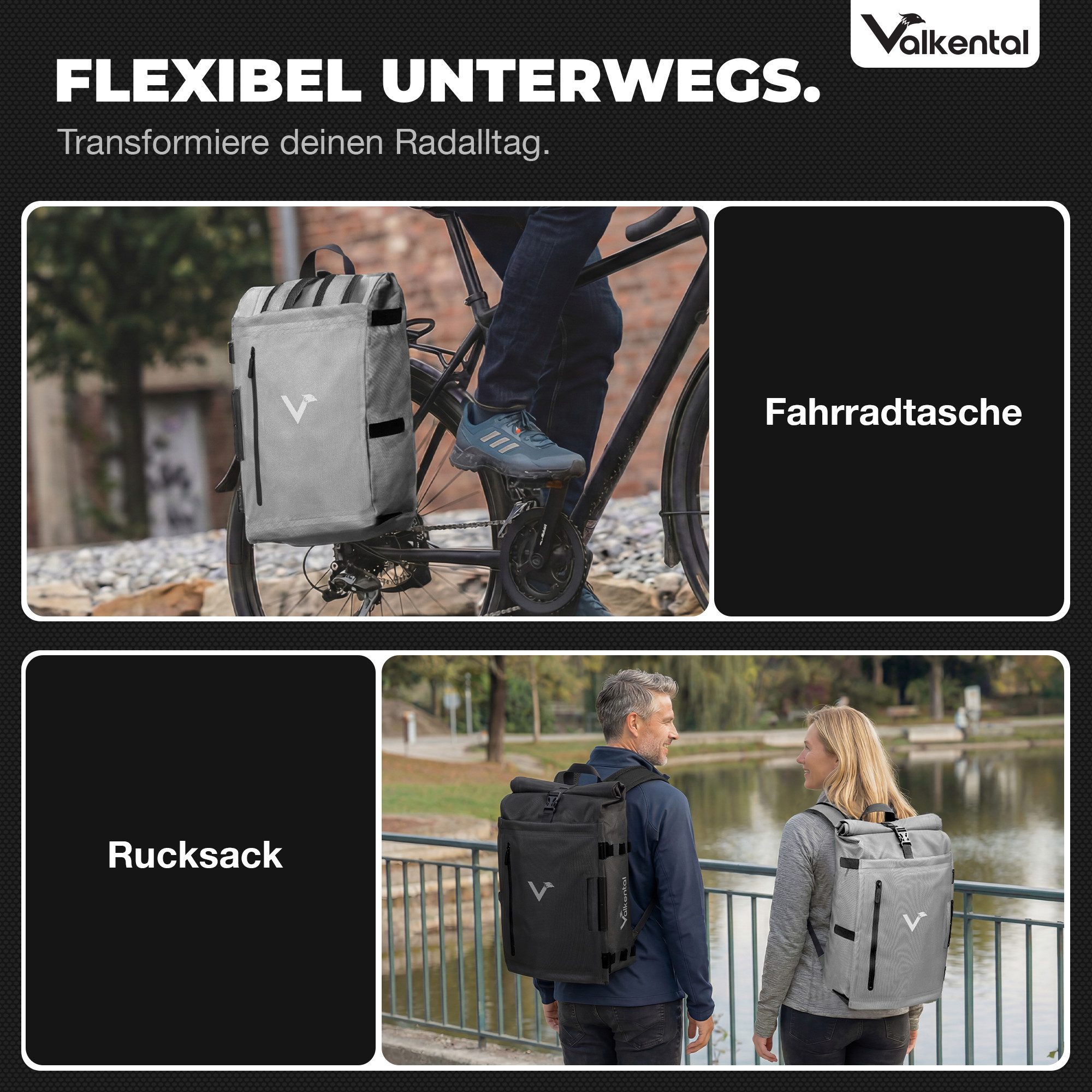 Valkental Fahrradtasche TrailX 2in1 Gepäckträgertasche & Rucksack (28L, Laptopfach, Rückenpolster), wasserdicht & reflektierend