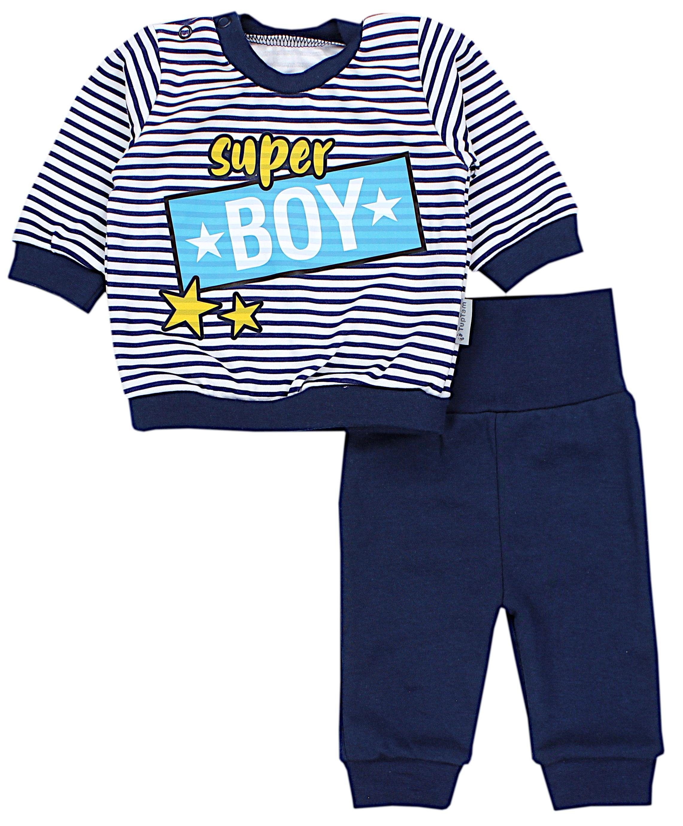 TupTam Erstausstattungspaket Baby Jungen Outfit Langarmshirt mit Print Spruch Babyhose Babykleidung Super Boy Streifen Weiß / Dunkelblau