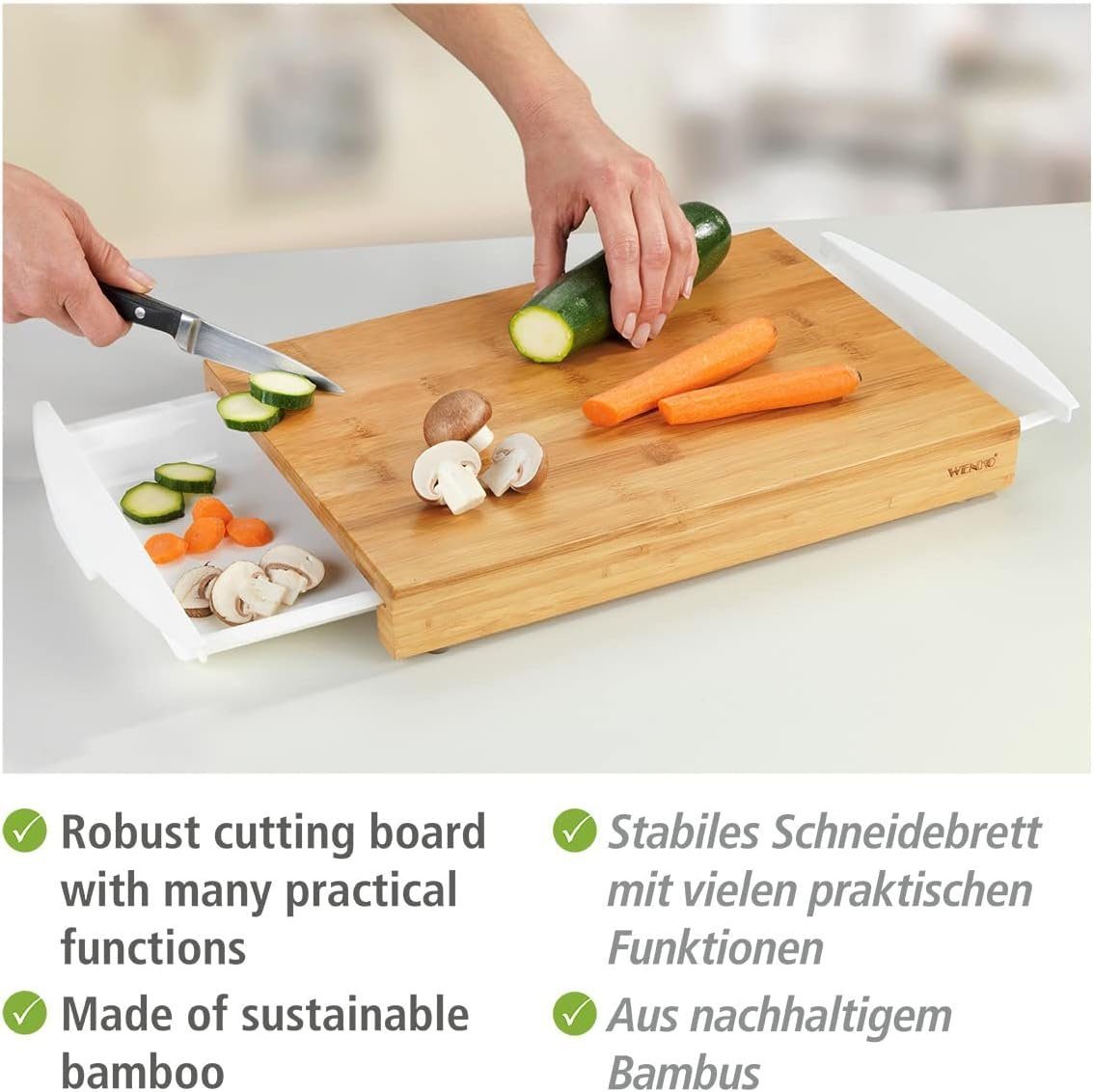 WENKO Schneidebrett Bambus Schneidbrett mit Auffangschalen Küchenbrett Holz Wenko, Bambus, (Spar-Set, Brett mit 2 Auffangschalen), mit Silikonfüßen und zwei praktischen Auffangschalen