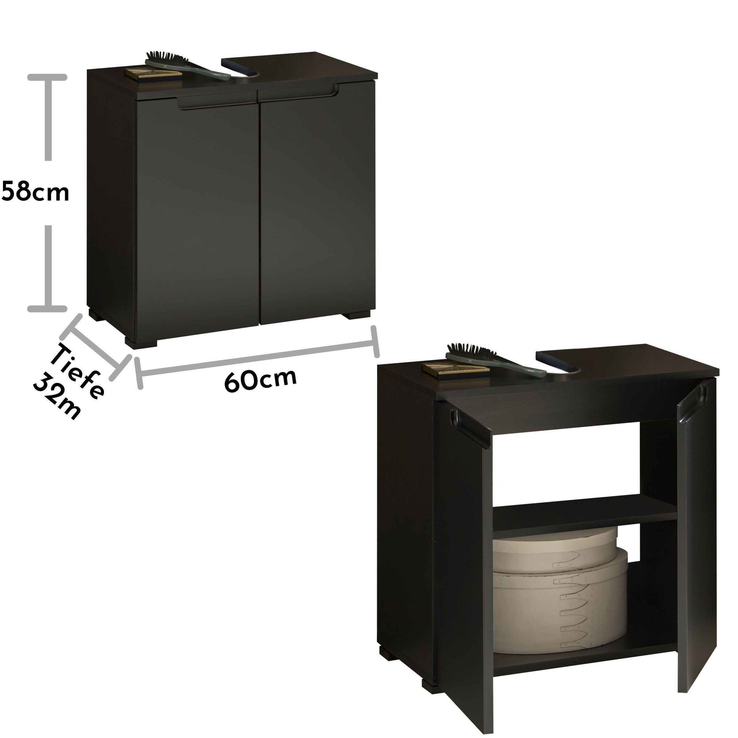 möbelando Waschbeckenunterschrank 2 matt in Spice 60x57x32 mit cm (BxHxT) Schwarz Abmessungen Türen