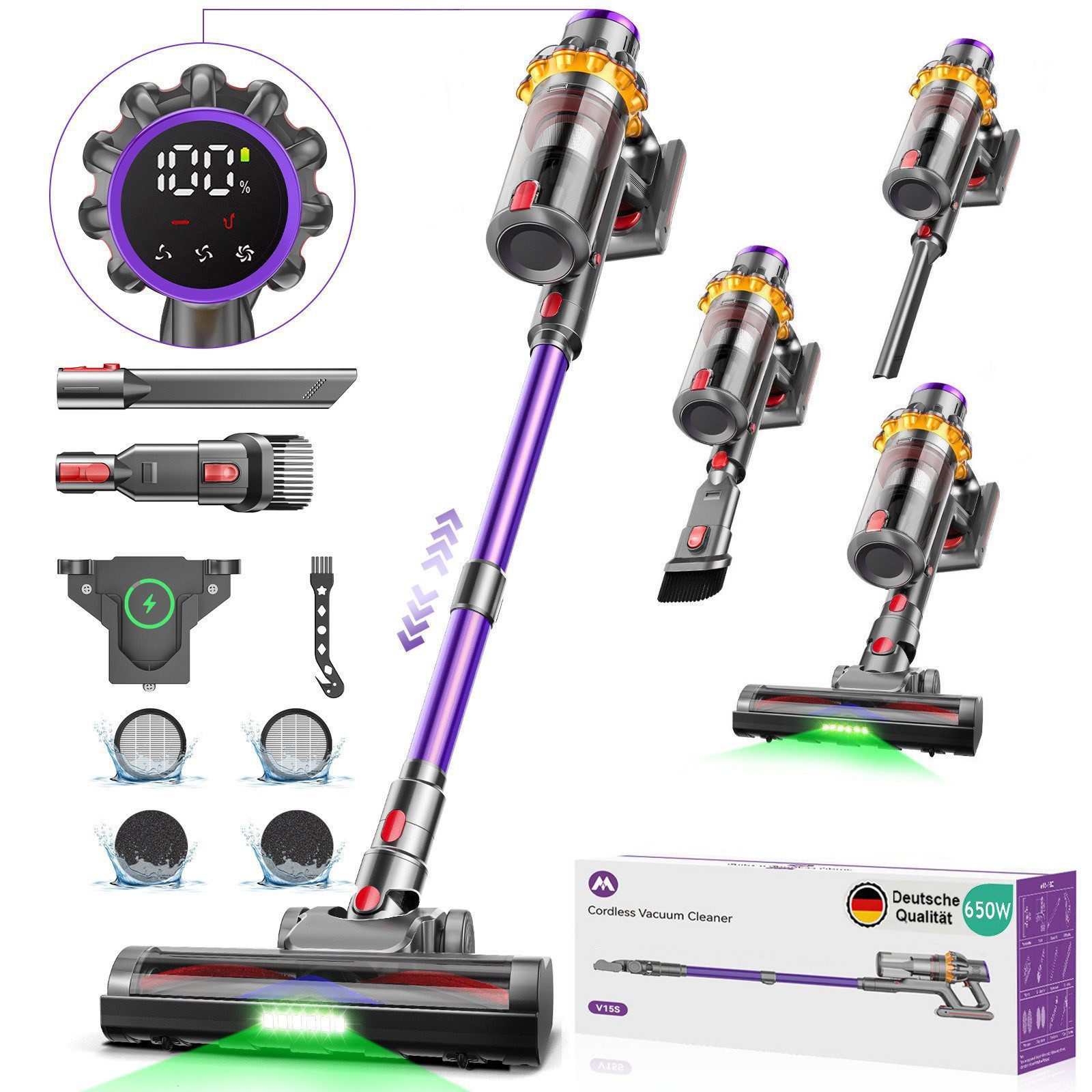 FOSMET Akku-Hand-und Stielstaubsauger 2026 Neuer Akkustaubsauger 85000Pa/650W/75min Staubsauger Kabellos, 650 W, 1,8 L Kabelloser Staubsauger – Extra leiser Elektrischer Staubsauger mit Anti-Verwicklungsbürste, 50dB leise/8-Stufen-Filter/OLED Display,Ideal für Böden/Teppiche/Auto