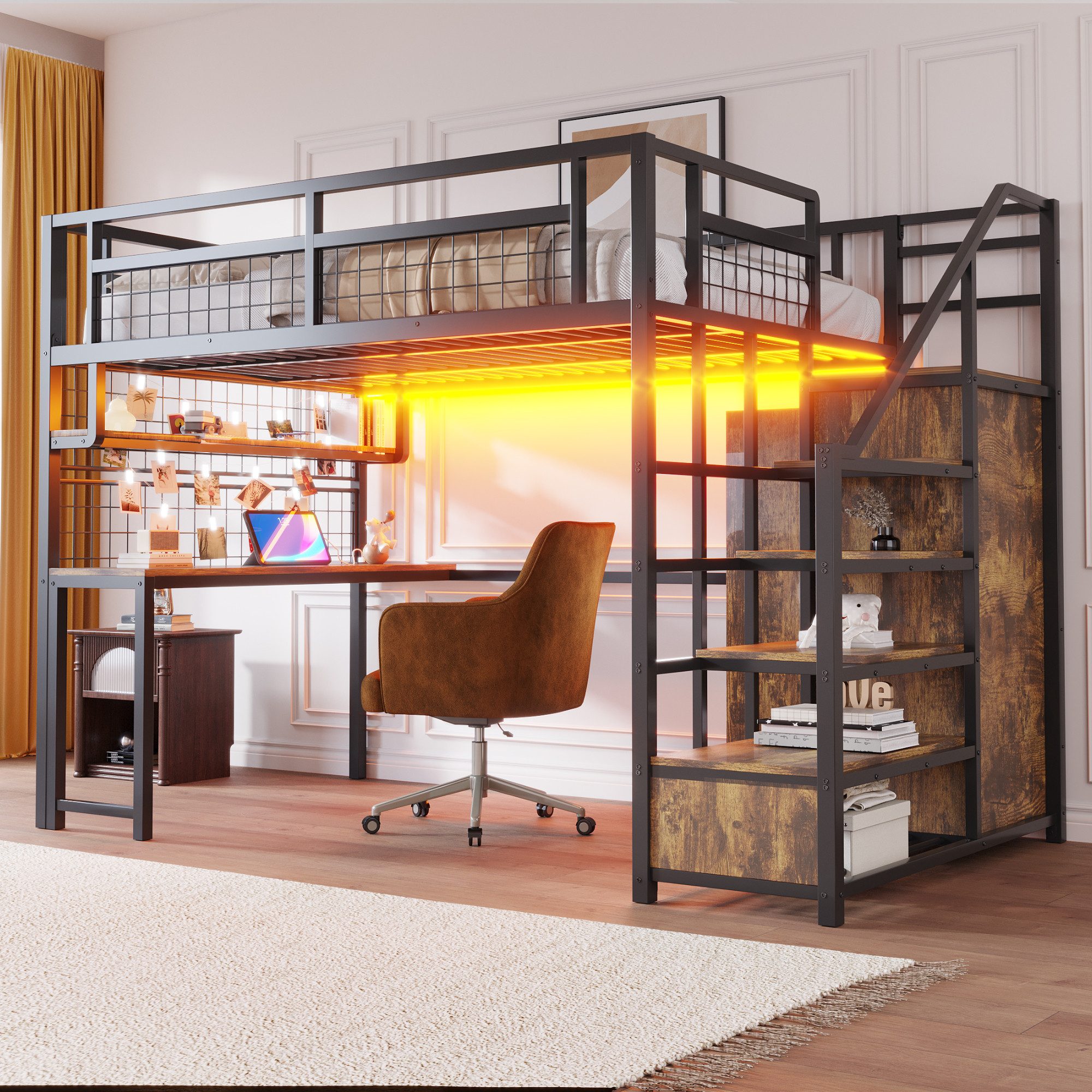 Odikalo Kinderbett Hochbett Bettgestell Jugendbett Kleiderschrank Metallrahmen 140x200cm