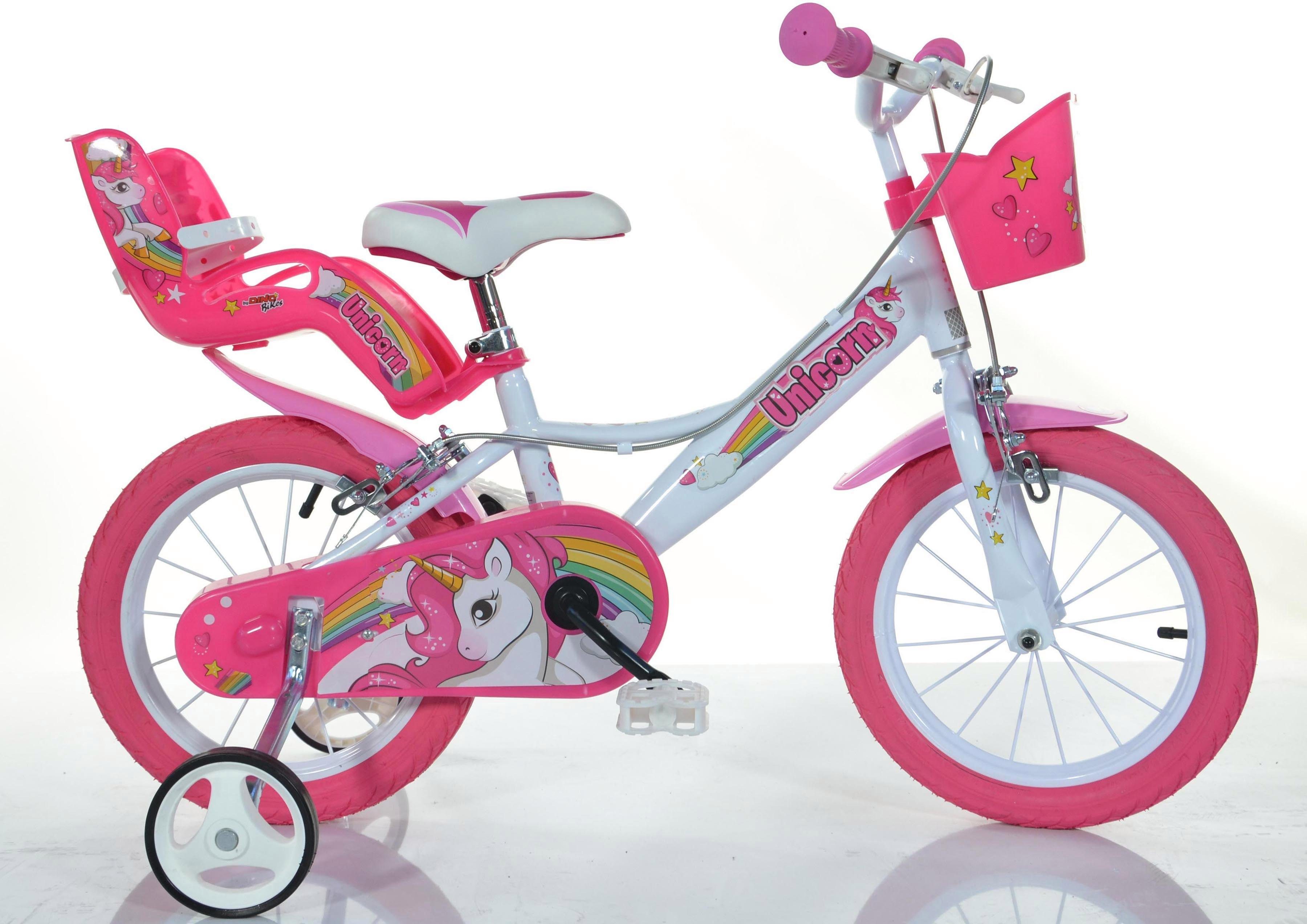 Dino Bikes Kinderfahrrad 16" Unicorn Einhorn Kinderfahrrad Mädchenfahrrad Freilauf 4–7 Jahre, 1 Gang, mit Stützrädern, Korb und Puppensitz