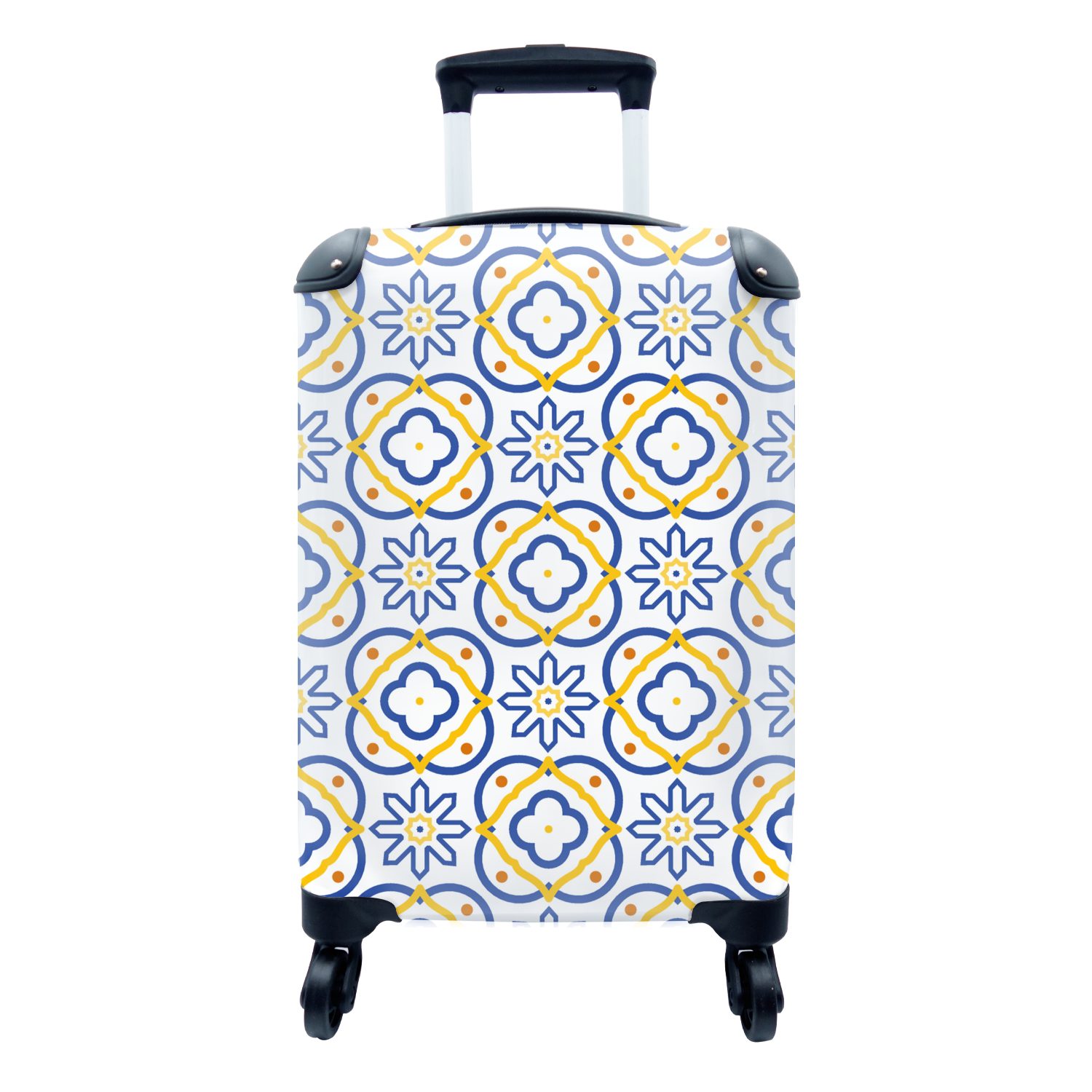 MuchoWow Handgepäckkoffer Blume mit Gelb Kacheln Trolley, Reisetasche Handgepäck Reisekoffer - Ferien, Muster, - Blau 4 Rollen, - - rollen, für