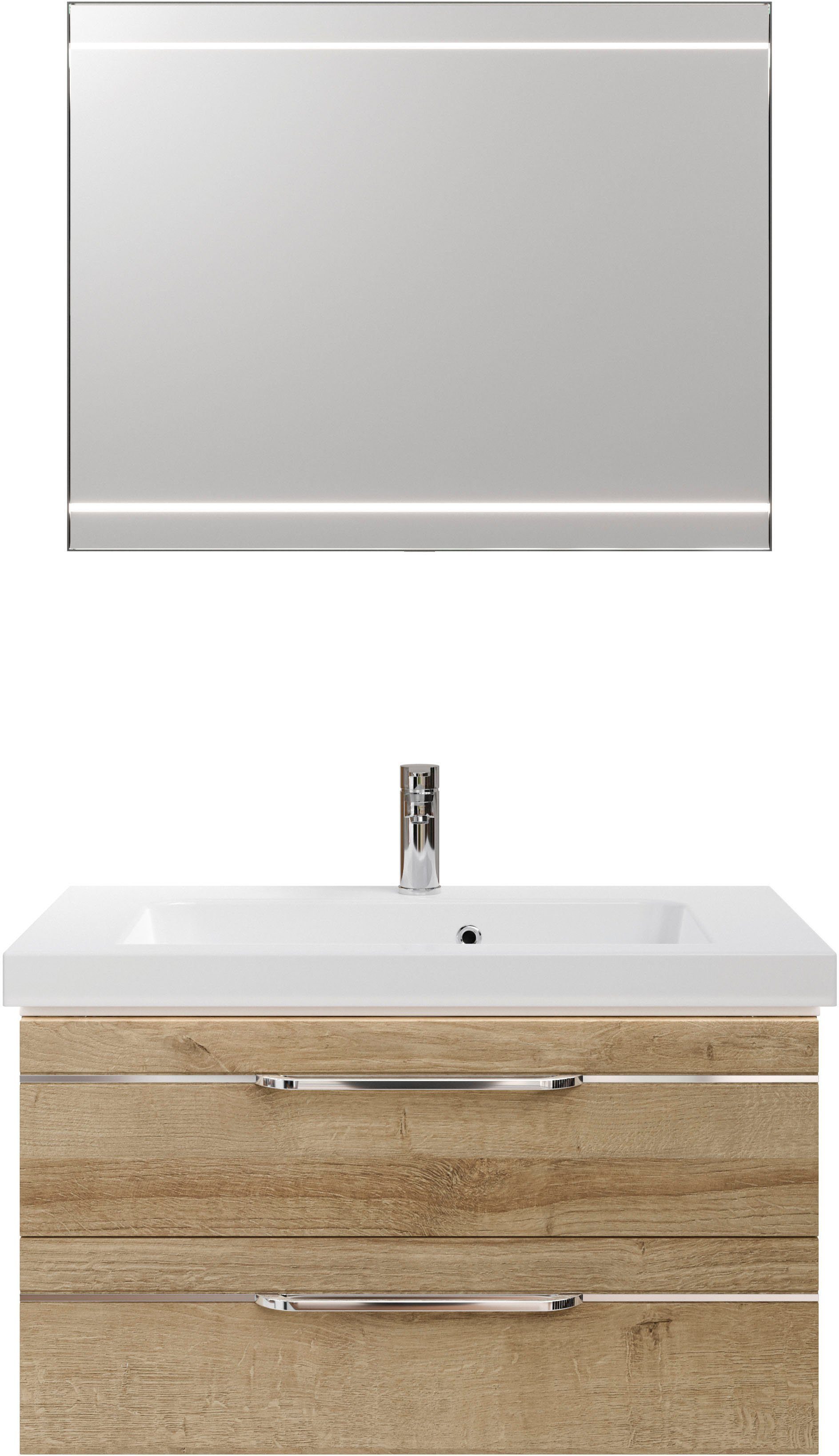 Saphir Badmöbel-Set Balto 2-teilig Mineralmarmor-Waschtisch mit LED-Spiegel, Waschplatz, (2-St), 92 cm breit, mit 2 Schubladen, Badschrank inkl. Schubladendämpfer