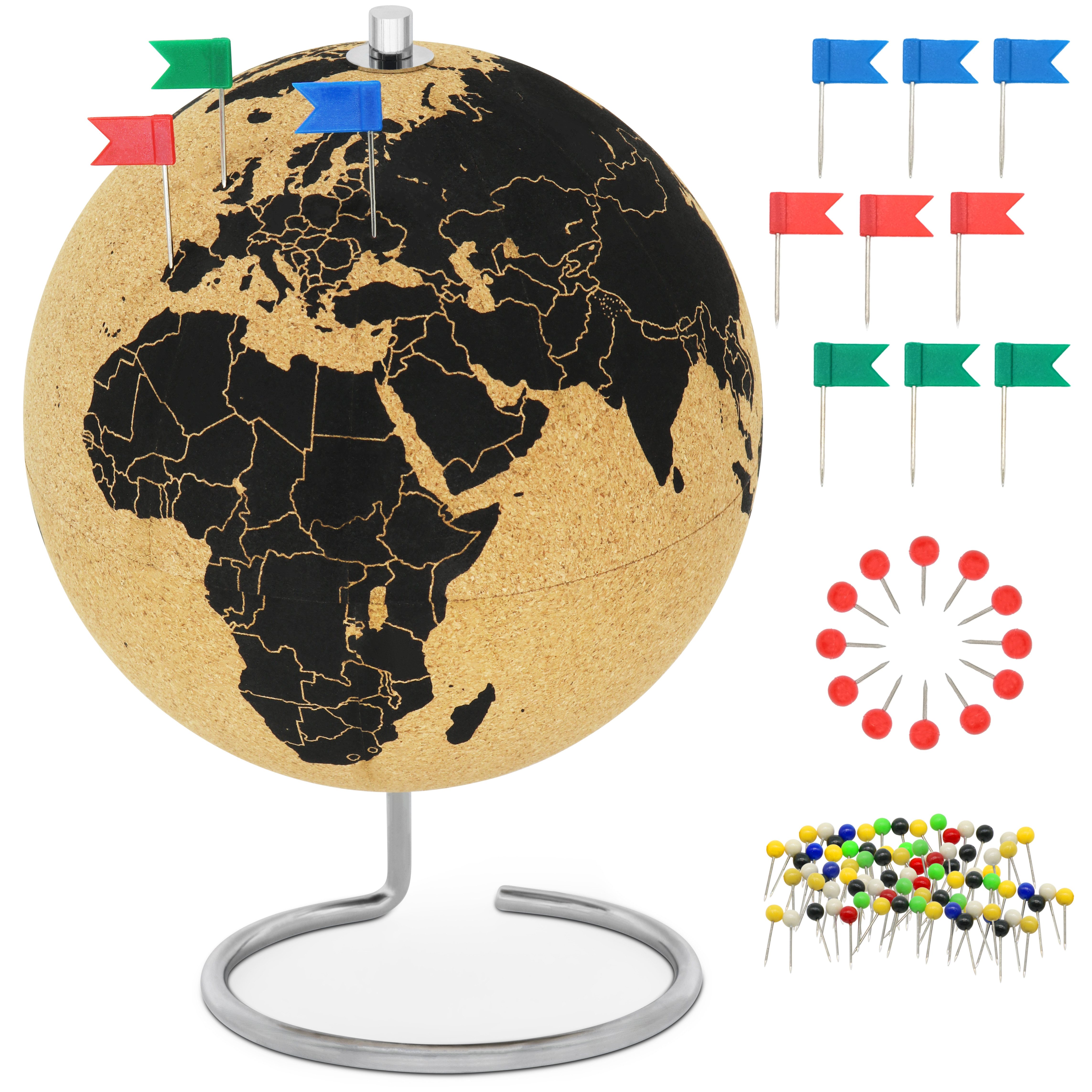 Feinknick Globus Drehbarer Korkglobus mit 54 unterschiedlichen Pinnadeln, Globus aus Kork 25cm hoch als ideale Geschenkidee