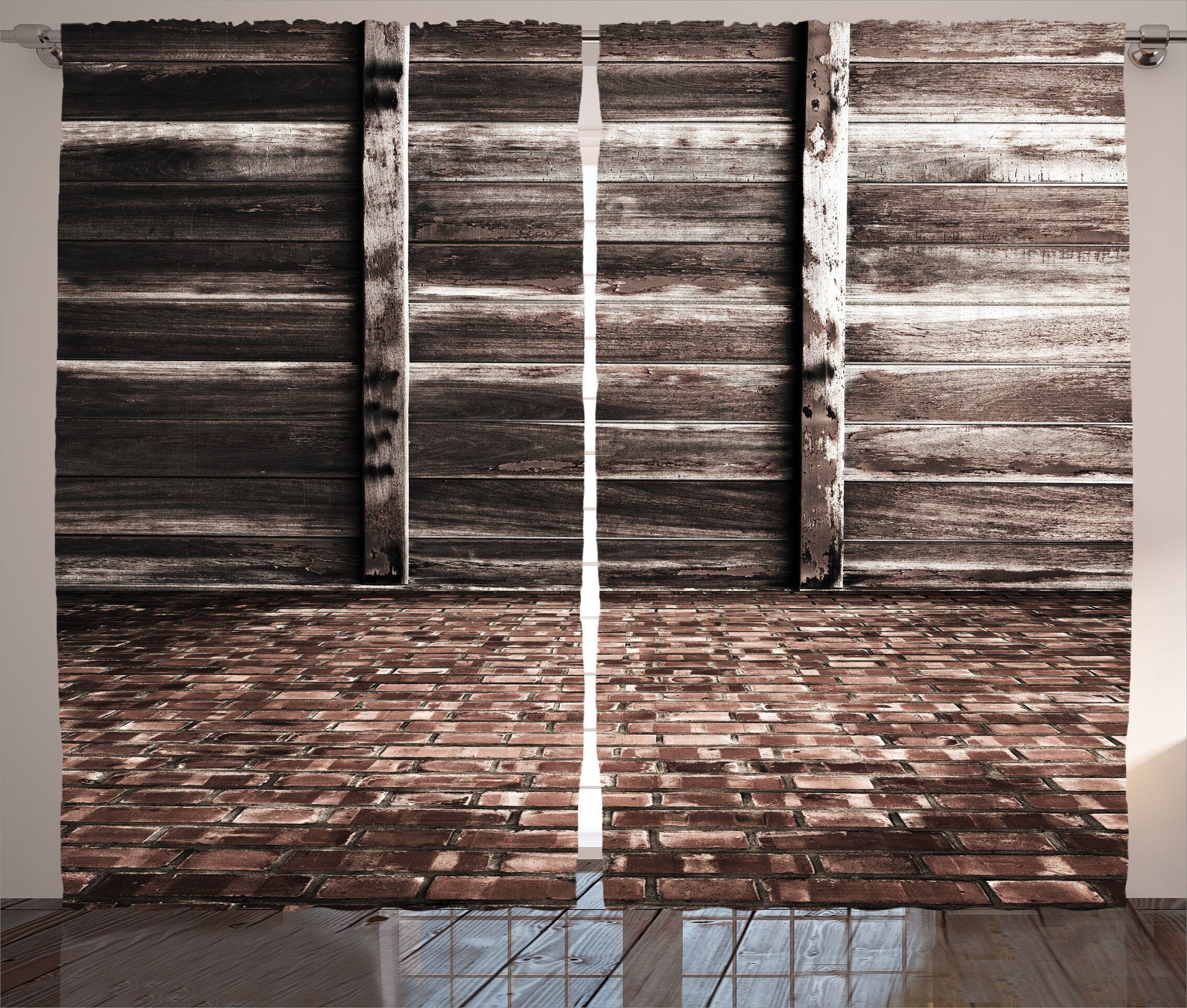 Gardine Schlafzimmer Kräuselband Vorhang mit Schlaufen und Haken, Abakuhaus, Rustikal Ziegelboden Holzwand