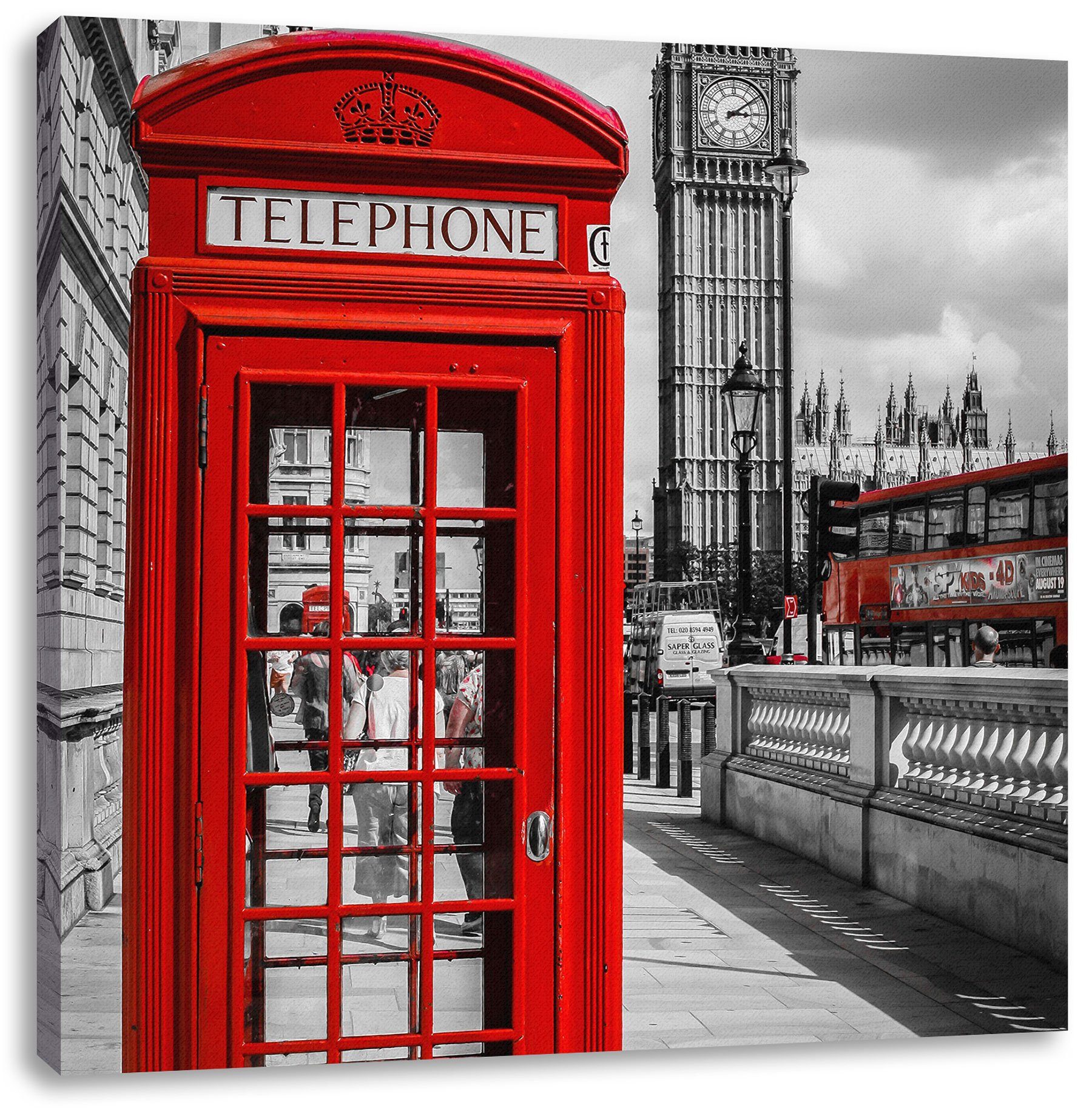 St), London Pixxprint bespannt, inkl. Telefonzelle Leinwandbild London, Zackenaufhänger fertig Telefonzelle Leinwandbild (1