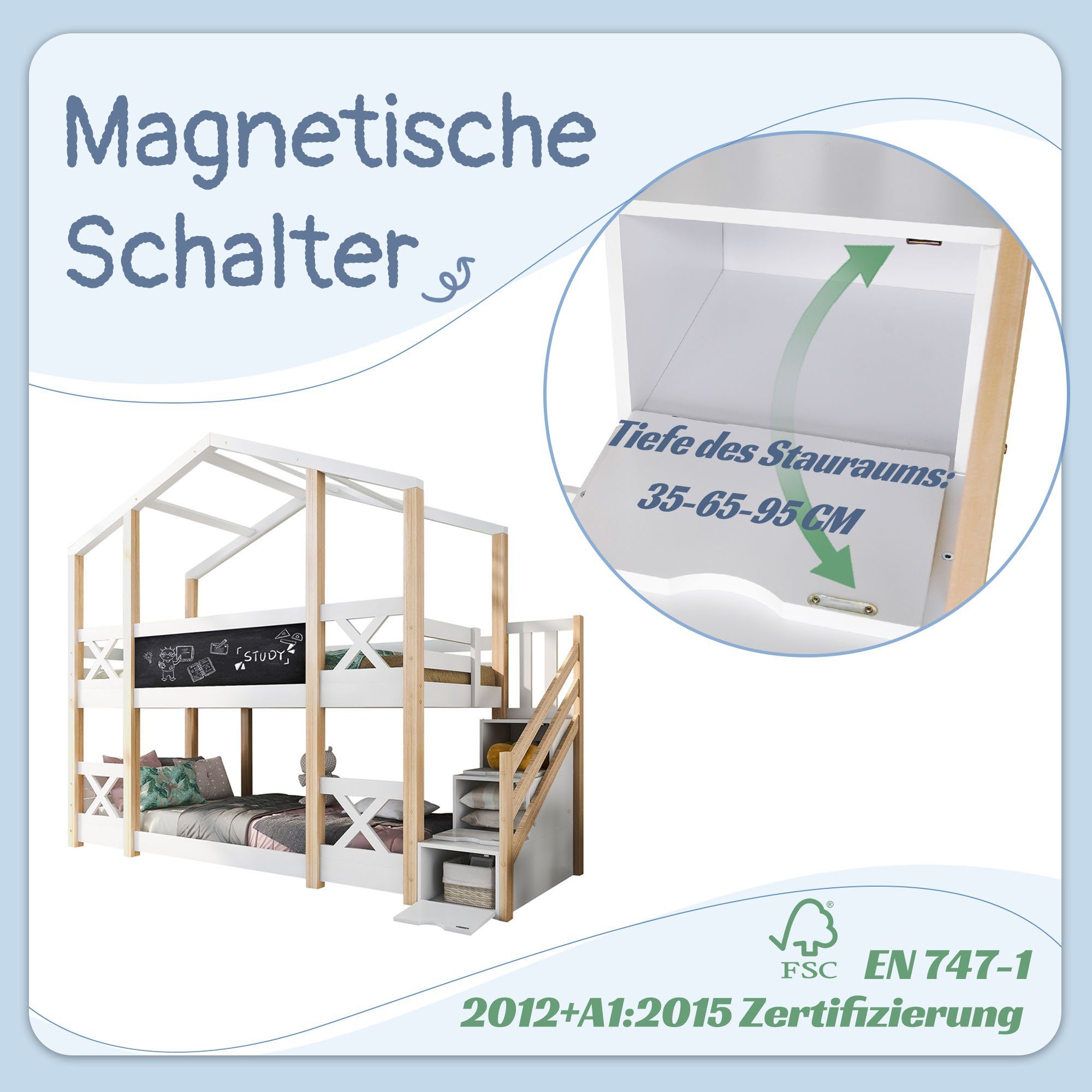 Etagenbett (Kinderbett), Hochbett mit Rausfallschutz, 3 Schubladen und Lattenrost, 90x200cm