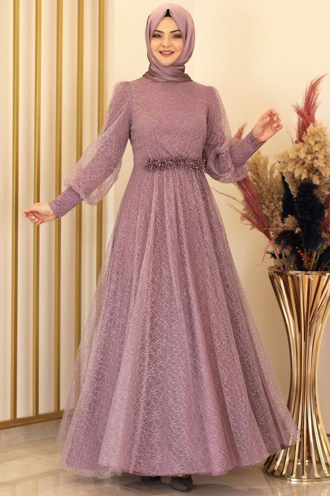 Modavitrini Abendkleid silbriges Tüllkleid Abiye Abaya Hijab Kleid langärmliges Maxikleid Lila