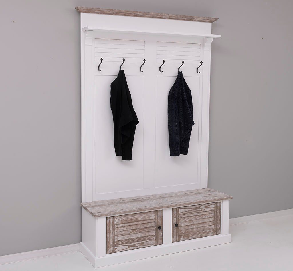 Massivholzmoebel-Becker Garderobe aus Massivholz mit Sitzfläche, 6 Haken und Schuhschrank