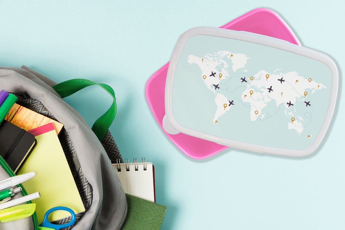 Erwachsene, für Weltkarte Kunststoff, MuchoWow - Kinder, Snackbox, Brotdose Lunchbox rosa Flugzeug (2-tlg), Einfach, - Brotbox Mädchen, Kunststoff