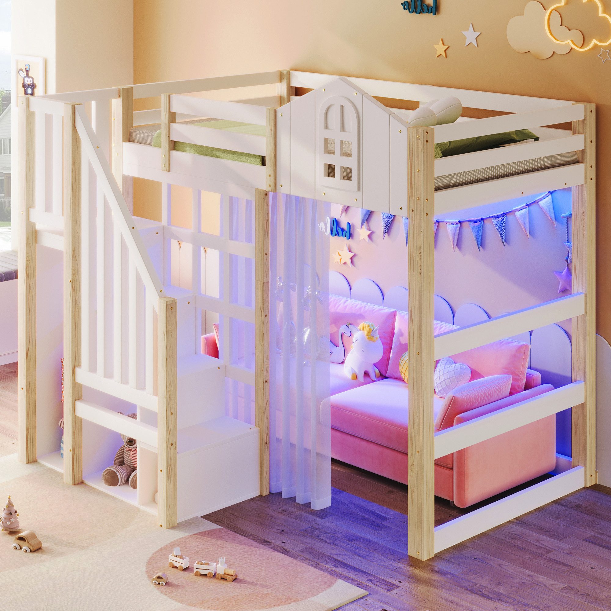 Merax Hochbett mit LED-Leuchten und offenem Stauraum (Jugendbett Stockbett, 1-St) Kiefernholz Kinderbett 140x200cm mit Ablageleiter Stauraumtreppe Gaze