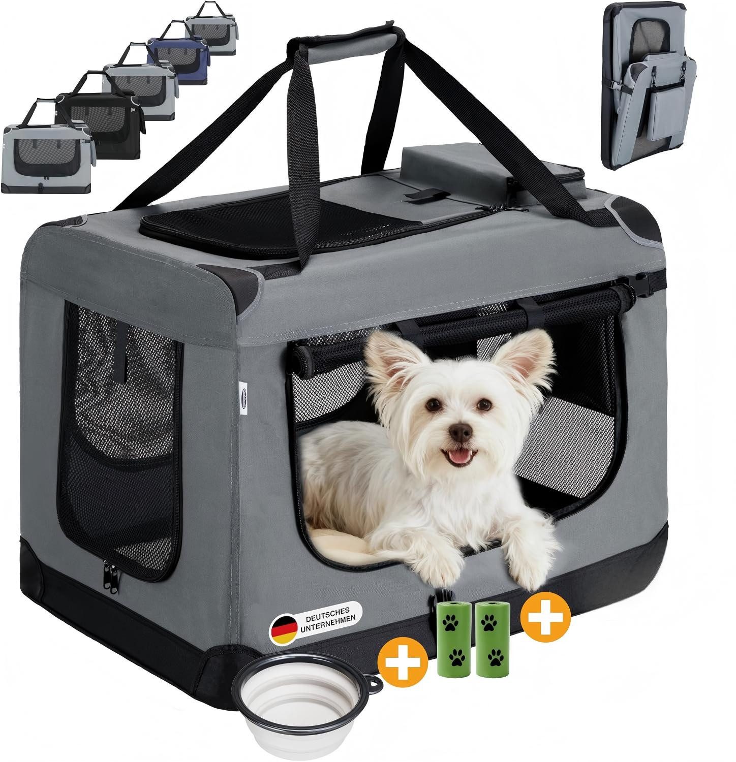 Zedelmaier Tiertransporttasche Transportbox, Faltbar Hundetransportbox, Katzenbox, Inkl.2 Rollen Hundekotbeutel, 1 faltbarer Napf, 2 praktische Beutel