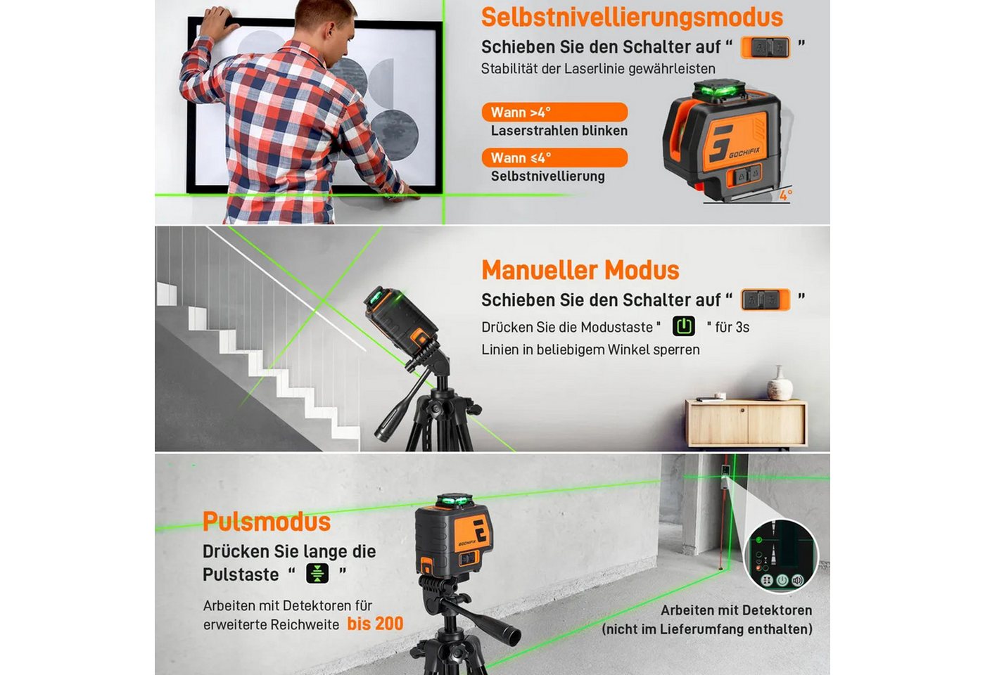 Thumbnail - MECO Laserwasserwaage 5 Linien Nivelliergerät Kreuzlinienlaser hohe Präzision mit Stativ, selbstnivellierend, IP54