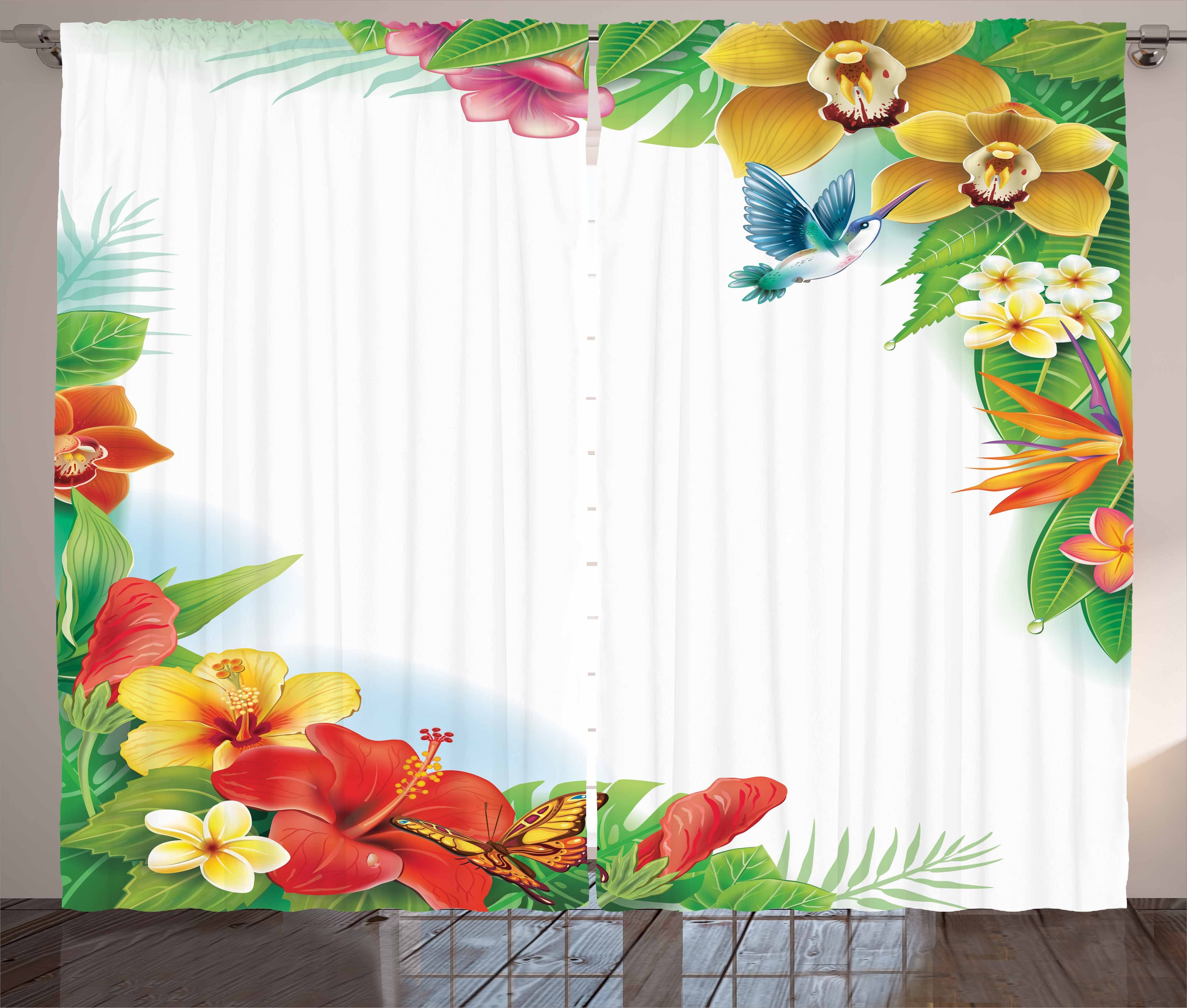 Gardine Schlafzimmer Kräuselband Abakuhaus, Vorhang Blumen mit Kolibri Blätter Schlaufen Tropic und Haken