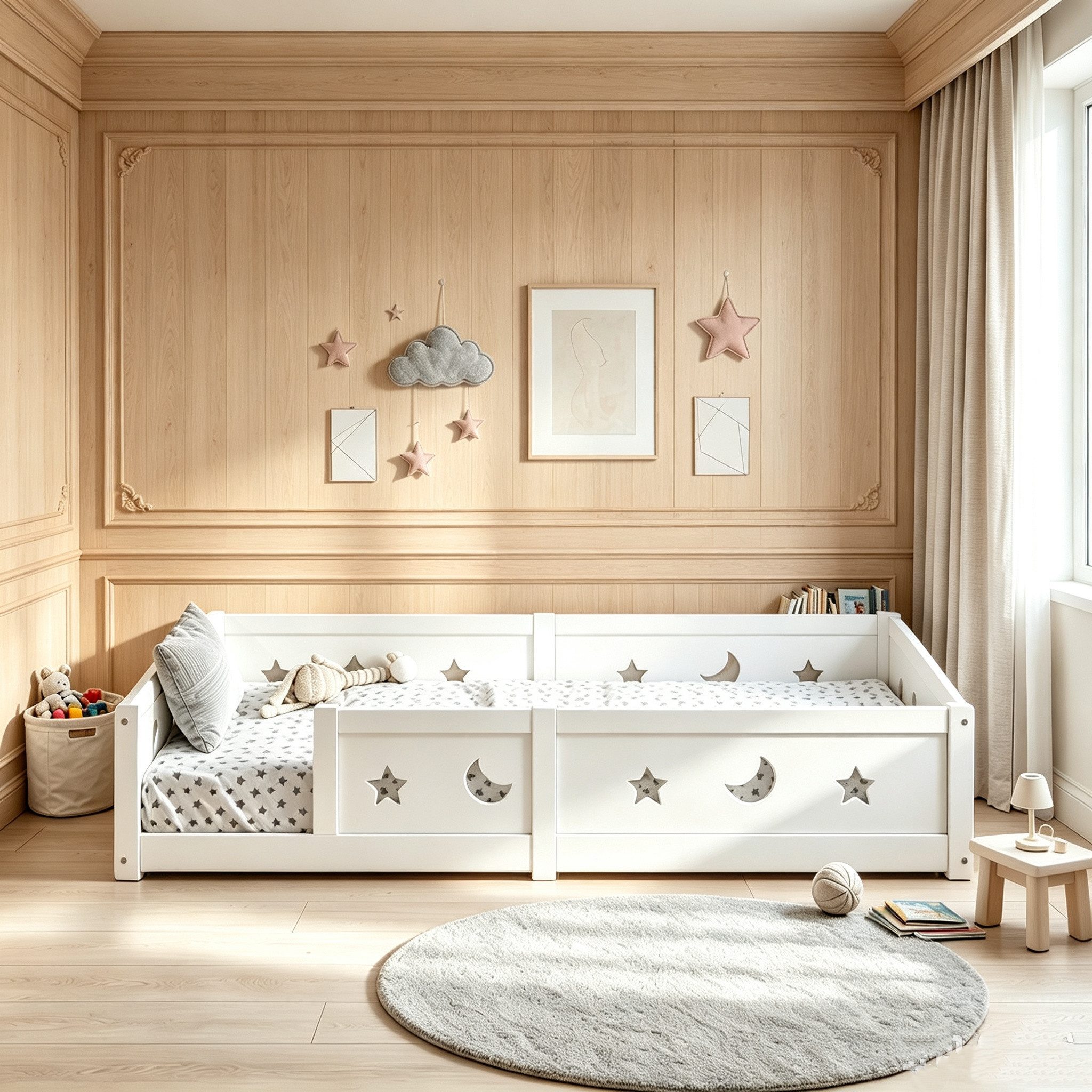 Simurq Kinderbett Weiß Holz, Montessori Bett mit Umrandung und Rausfallschutz (1 tlg, ohne Matratze, Mit Lattenrost), Bodenbett 90x200 cm, Sternen & Mond Design, für Jungen und Mädchen