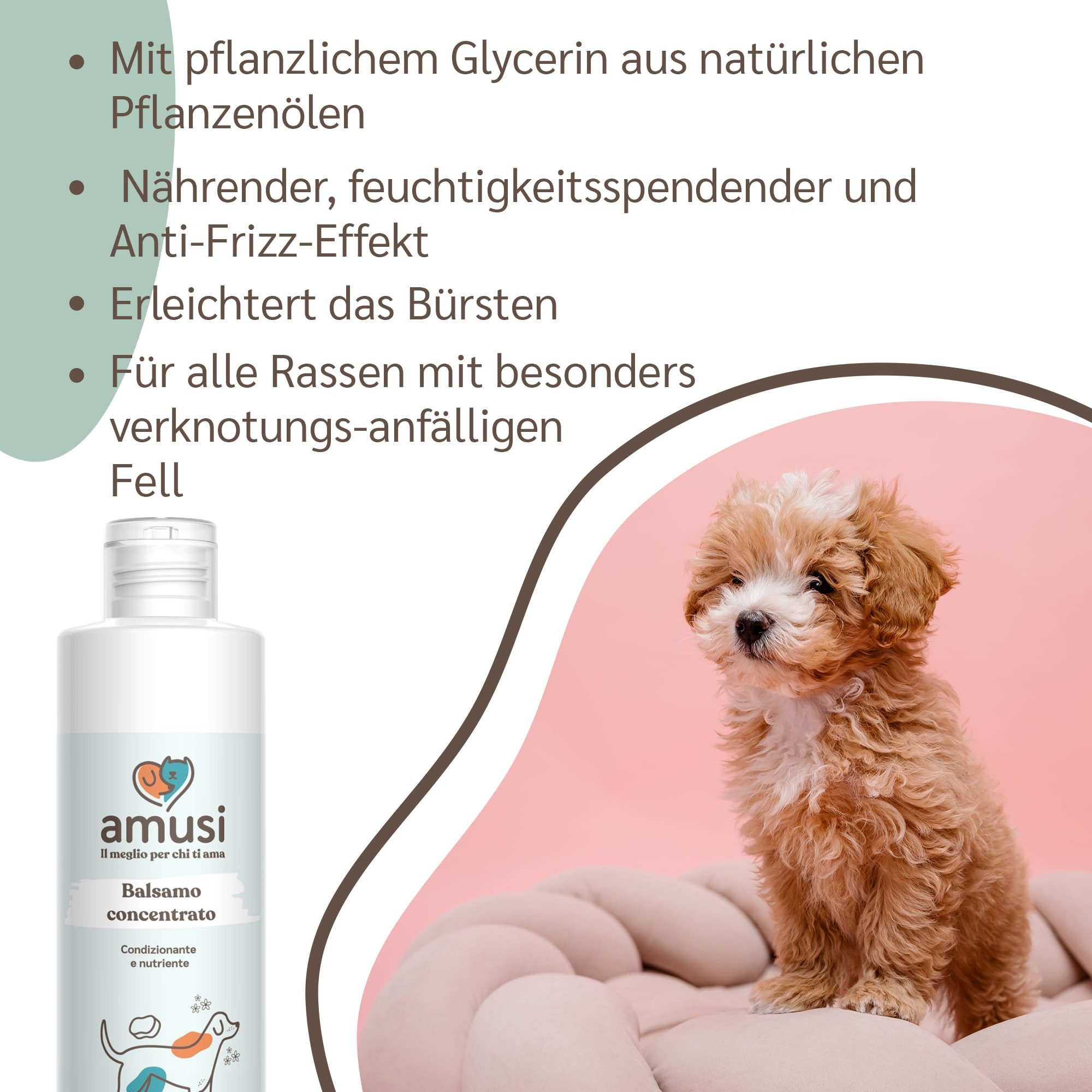 Amusi Fellpflege Balsam für Hunde mit langem Haar, hergestellt in Italien, 250 ml, (Hunde Conditioner Langhaar mit entwirrender Wirkung, antibakteriell und hautschützend), hypoallergen, mit veganem pflanzlichem