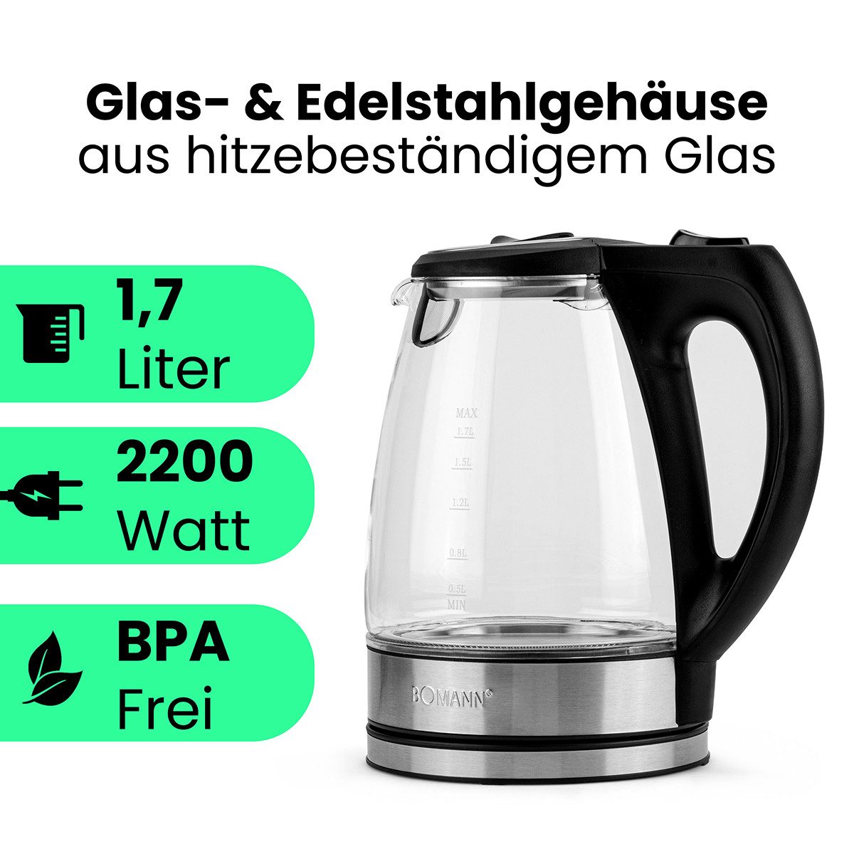 BOMANN Wasserkocher WKS 6032 G CB, Wasserkocher Glas/Edelstahl, 1,7L, BPA frei