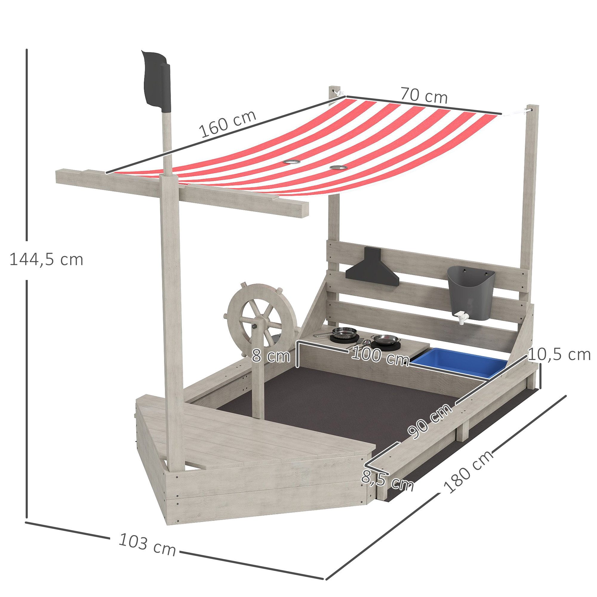 Outsunny Sandkasten Kinder Sandbox mit Abdeckung Sandkiste mit Sitzbänken für Outdoor, (Matschekiste aus Holz, 1-tlg., Segelschiff Spielhaus mit Küchenspielset), für Kinder 3-7 Jahre, Grau