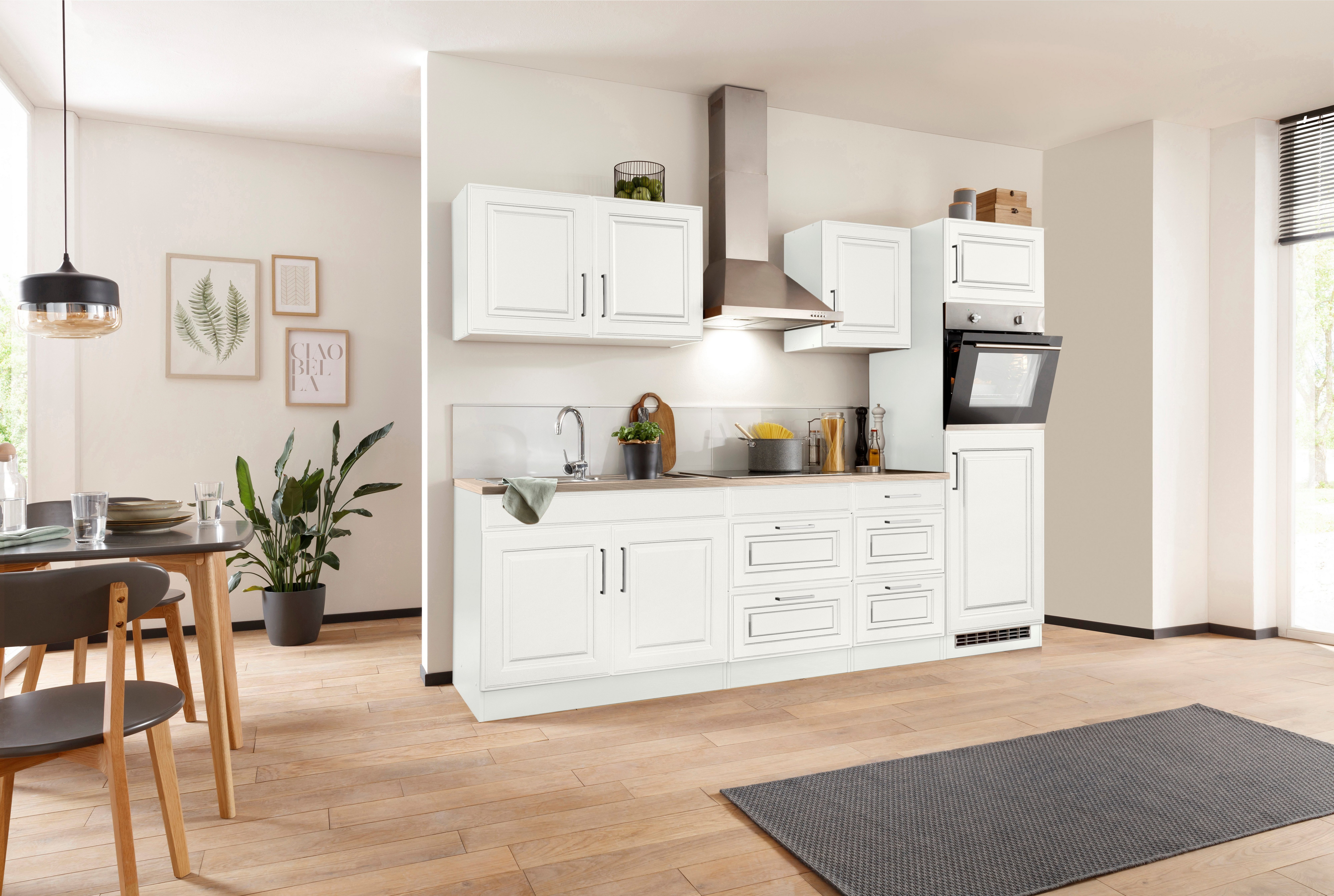 KOCHSTATION Küchenzeile KS-Stockholm – Küche mit hochwertiger und detailreicher Landhausfront, Breite 280 cm, wahlweise mit E-Geräten,mit MDF-Fronten