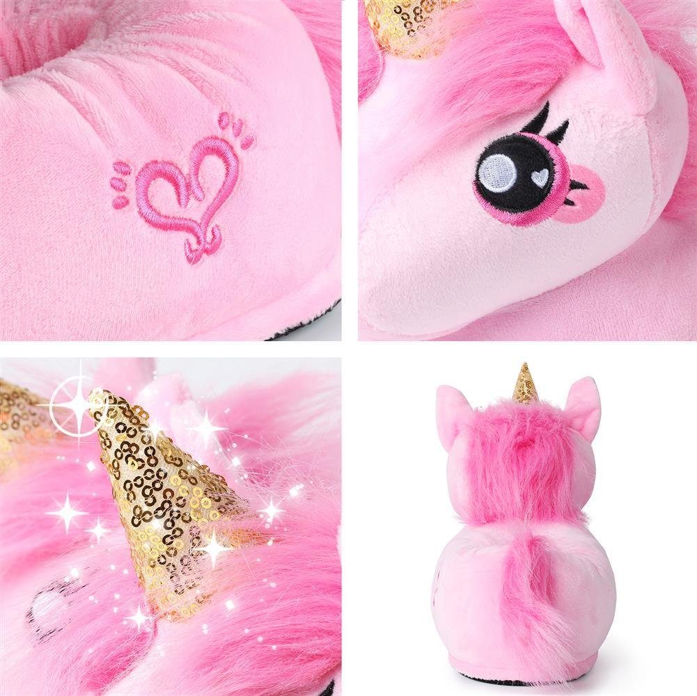 Corimori Tier Pantoffeln für Kinder Einheitsgröße 25-33,5 Plüsch Hausschuhe (Packung, Geschenk) EU Einheitsgröße 25-33,5 Rose das Einhorn für Kinder, Jungen, Mä – Bild 4 von 5
