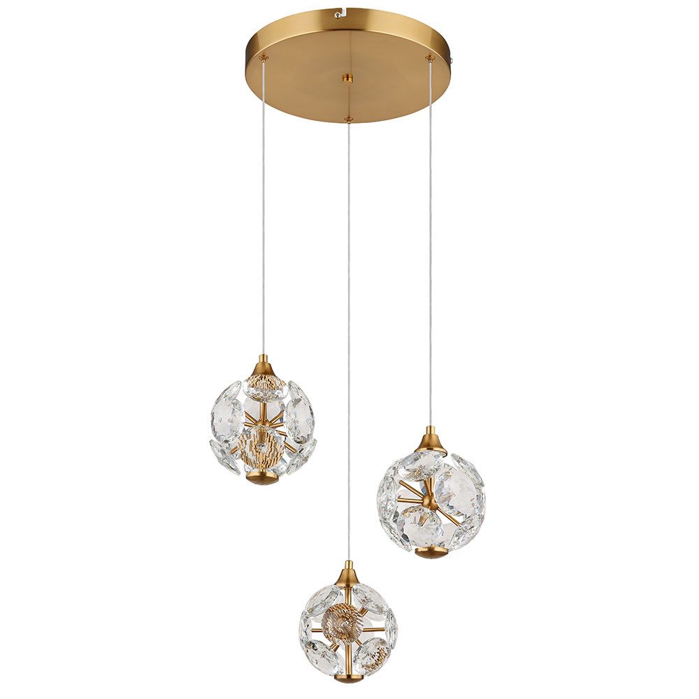 GLOBO LIGHTING Pendelleuchte, LED-Leuchtmittel fest verbaut, Warmweiß, LED Hängelampe Wohnzimmerleuchte gold Kristalle 3 Flammig H 150 cm