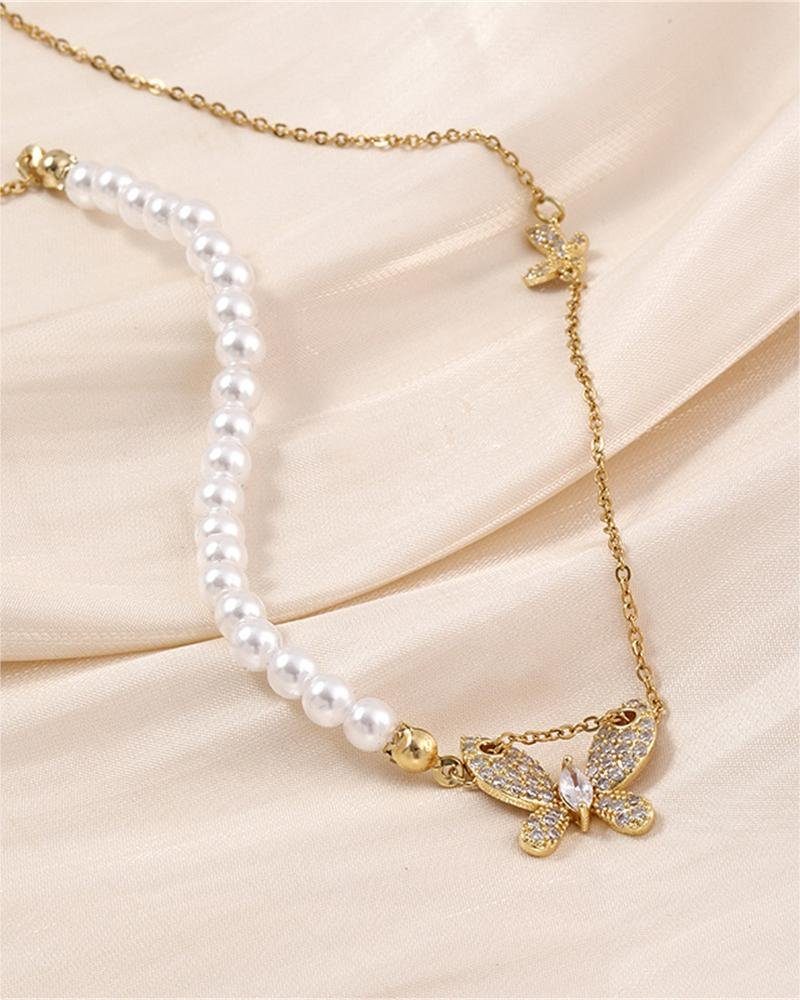 Halskette,Titanium Halskette,Zirkonia Charm-Kette Rouemi Perlenkette Damen Schmetterling