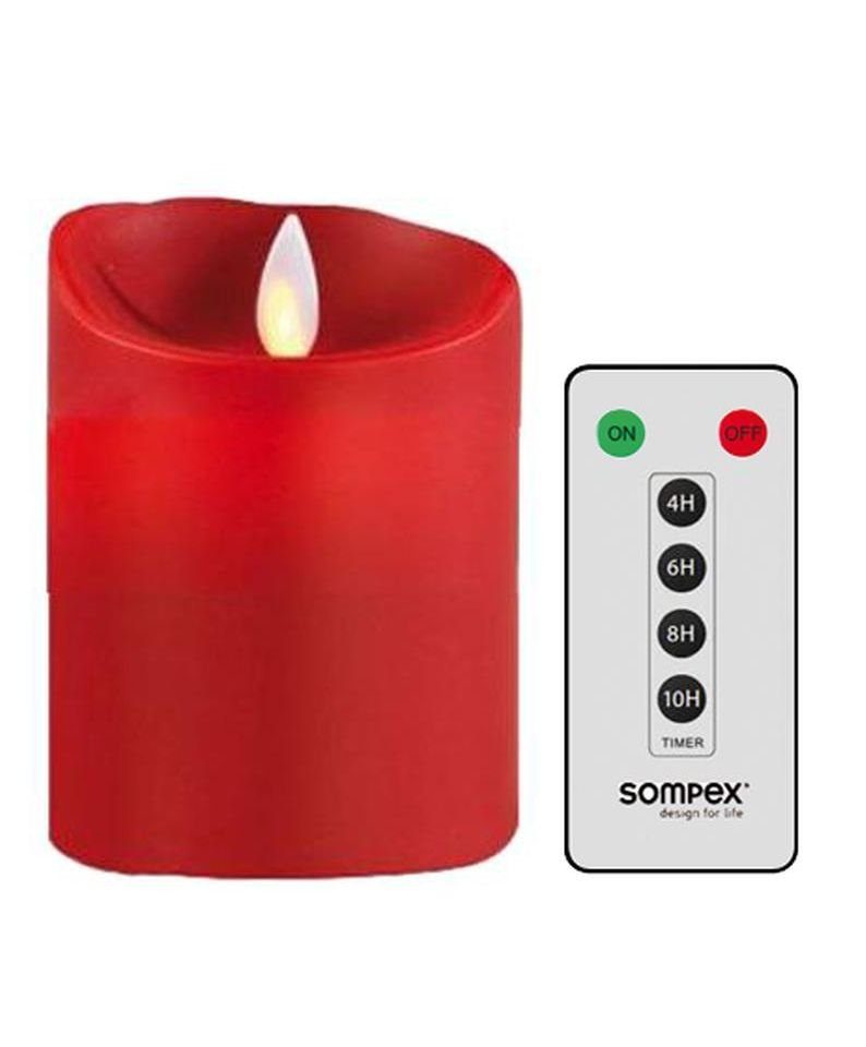 SOMPEX LED-Kerze »Flame LED Kerze rot 10cm mit Fernbedienung« (Set, 2-tlg.,  1 Kerze, Höhe 10cm, Durchmesser 8cm, 1 Fernbedienung), fernbedienbar,  integrierter Timer, Echtwachs, täuschend echtes Kerzenlicht, optimales Set  für den Adventskranz