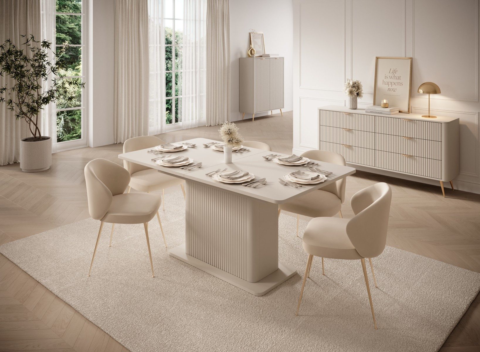 yourhouse24 Esstisch Ausziehbarer Lante 160-200 cm Geriffelter Säulenfuß, Geriffelter Säulenfuß in Lamellen-Optik, verstaubare Einlegeplatte