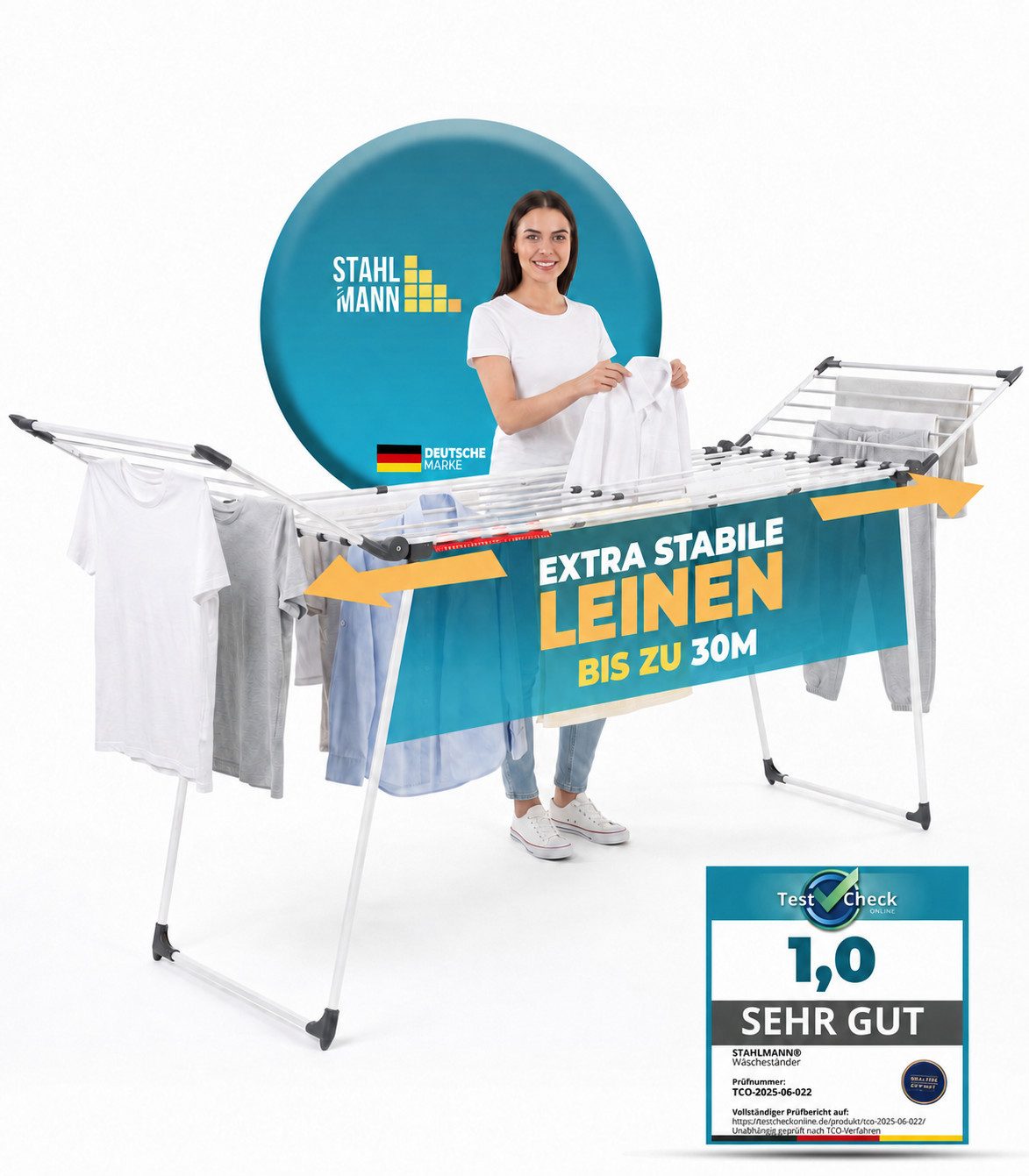 STAHLMANN COMMERCE GmbH Wäscheständer Premium XL [30 m Trockenfläche], Ausziehbar, Rollen, Made in EU