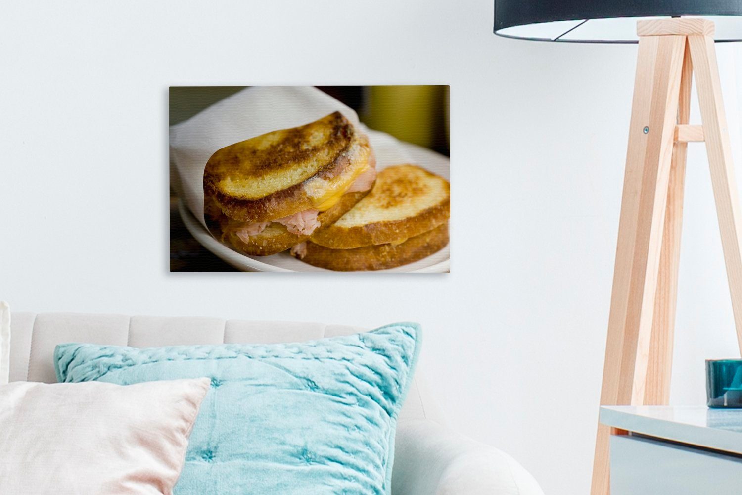 Wanddeko, cm St), auf (1 Wandbild OneMillionCanvasses® Schinken-Käse-Toast 30x20 einer Aufhängefertig, Leinwandbild Leinwandbilder, Serviette,