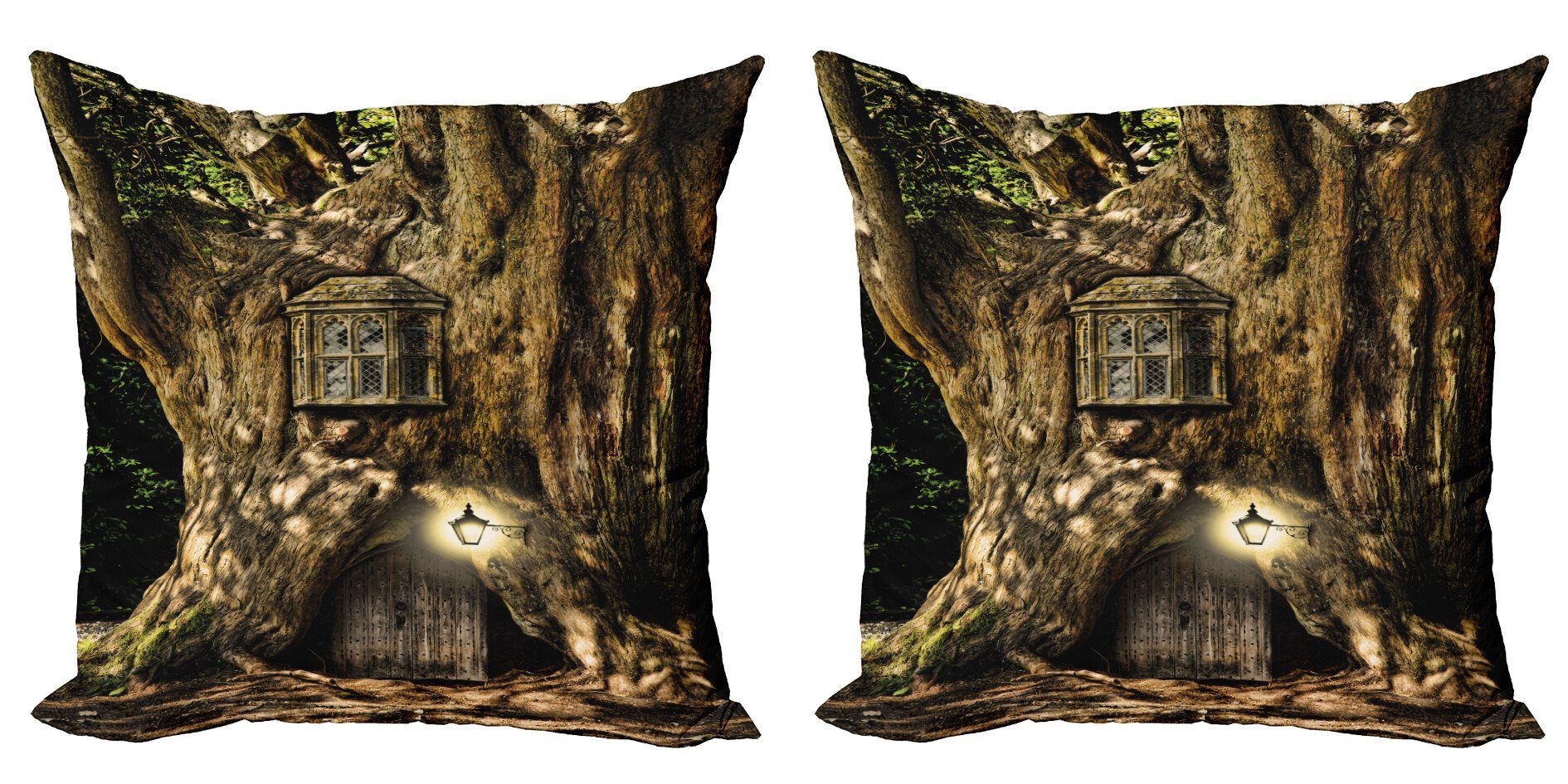 Baum (2 Kissenbezüge Märchenhaus Stück), Doppelseitiger Abakuhaus Modern Accent Fantasie Digitaldruck,