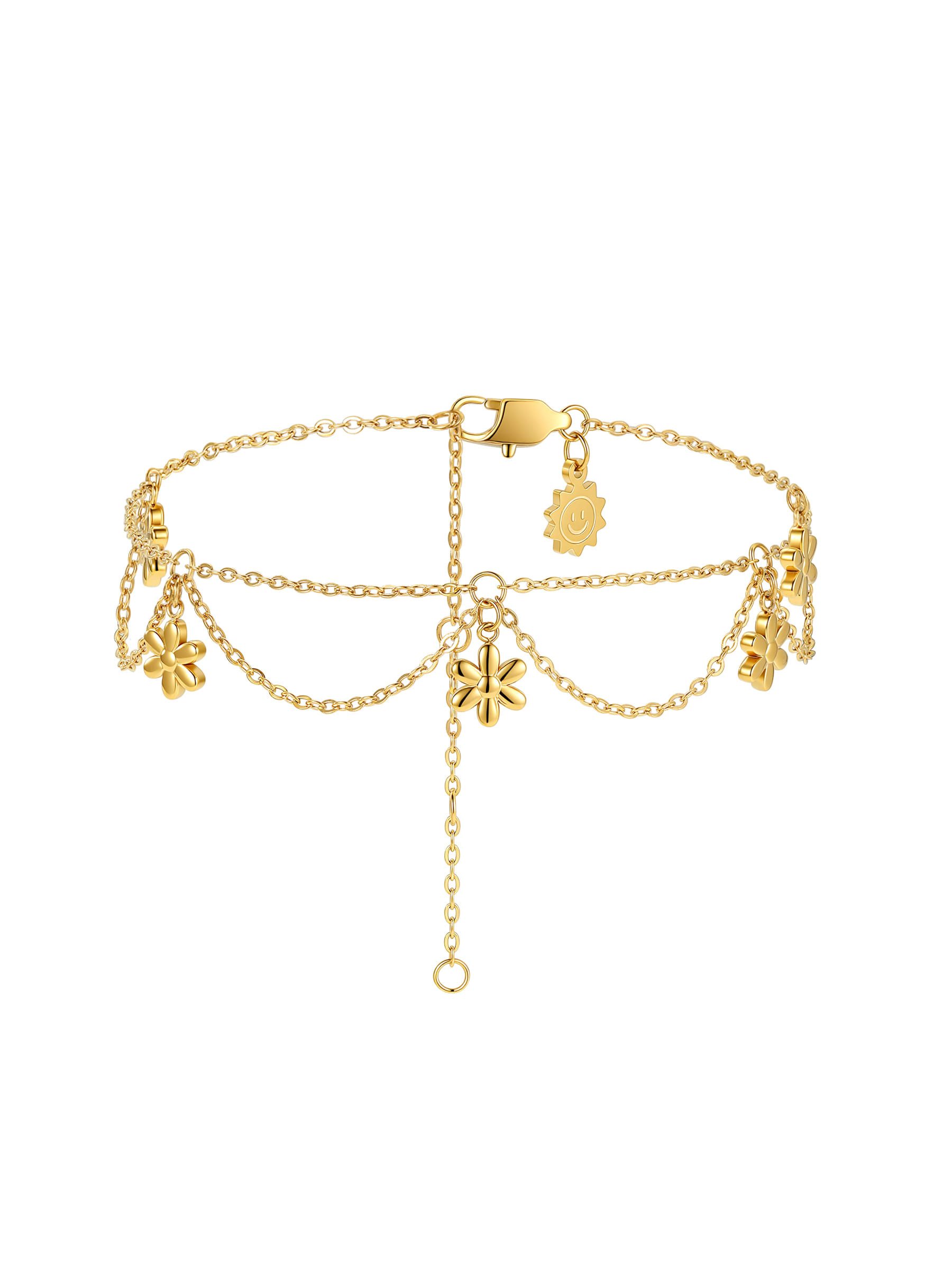 Hey Happiness Fußkette mit Anhänger Mehrlagige Edelstahl Layer-Kette mit Chunky Blumen, wasserfester Damen Boho-Schmuck für den Sommer