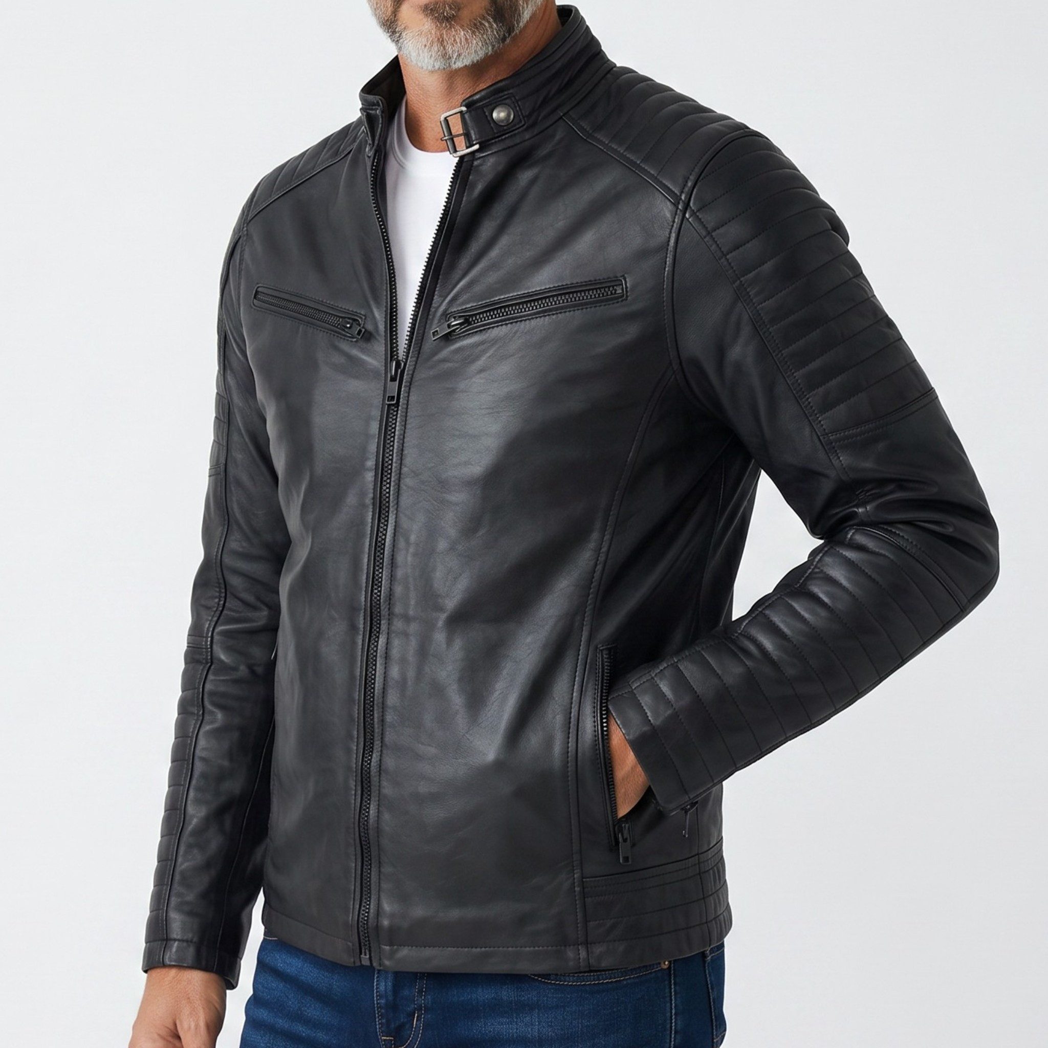 MDM Bikerjacke Herren Kunstlederjacke im Bikerstil Schwarz mit Steppungen Gesteppte Kunstlederjacke im Bikerstil mit Slim Fit Passform
