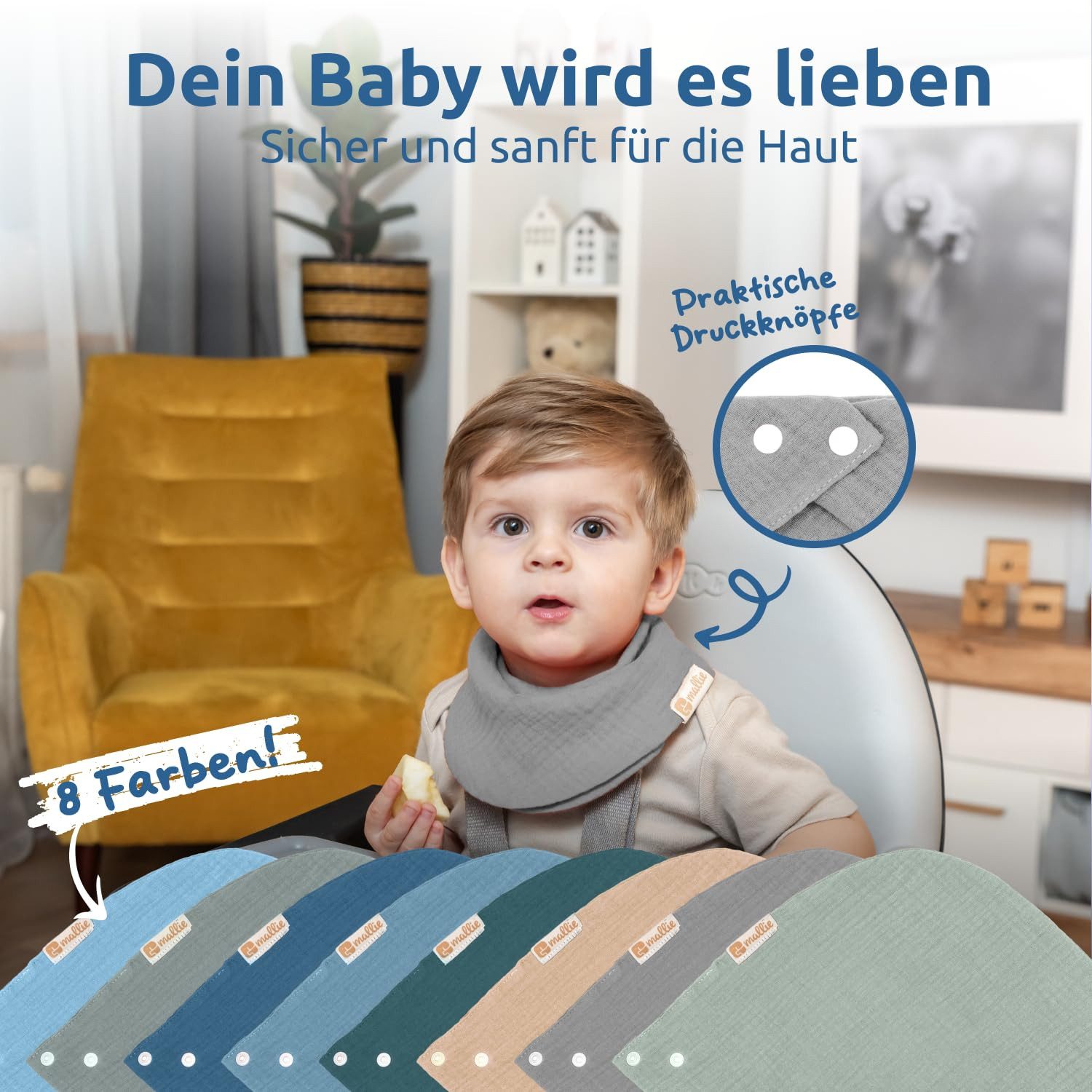 Mallie Lätzchen Musselin Lätzchen Baby im 6er oder 8er Set, (Als Bibs, Dreieckstuch Baby, Baby Lätzchen -, 8-St., Musselin Halstuch Baby, Musselintücher Baby und Babylätzchen), Sabberlätzchen Baby Halstücher Baby