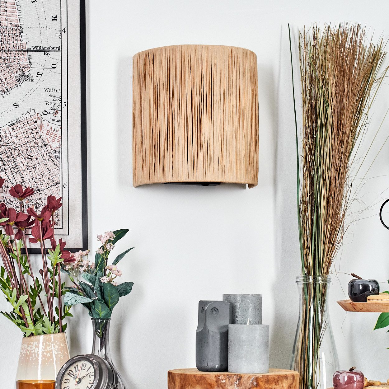 hofstein Wandleuchte Wandlampe aus Metall/Bast in Schwarz/Natur mit Lichtef günstig online kaufen