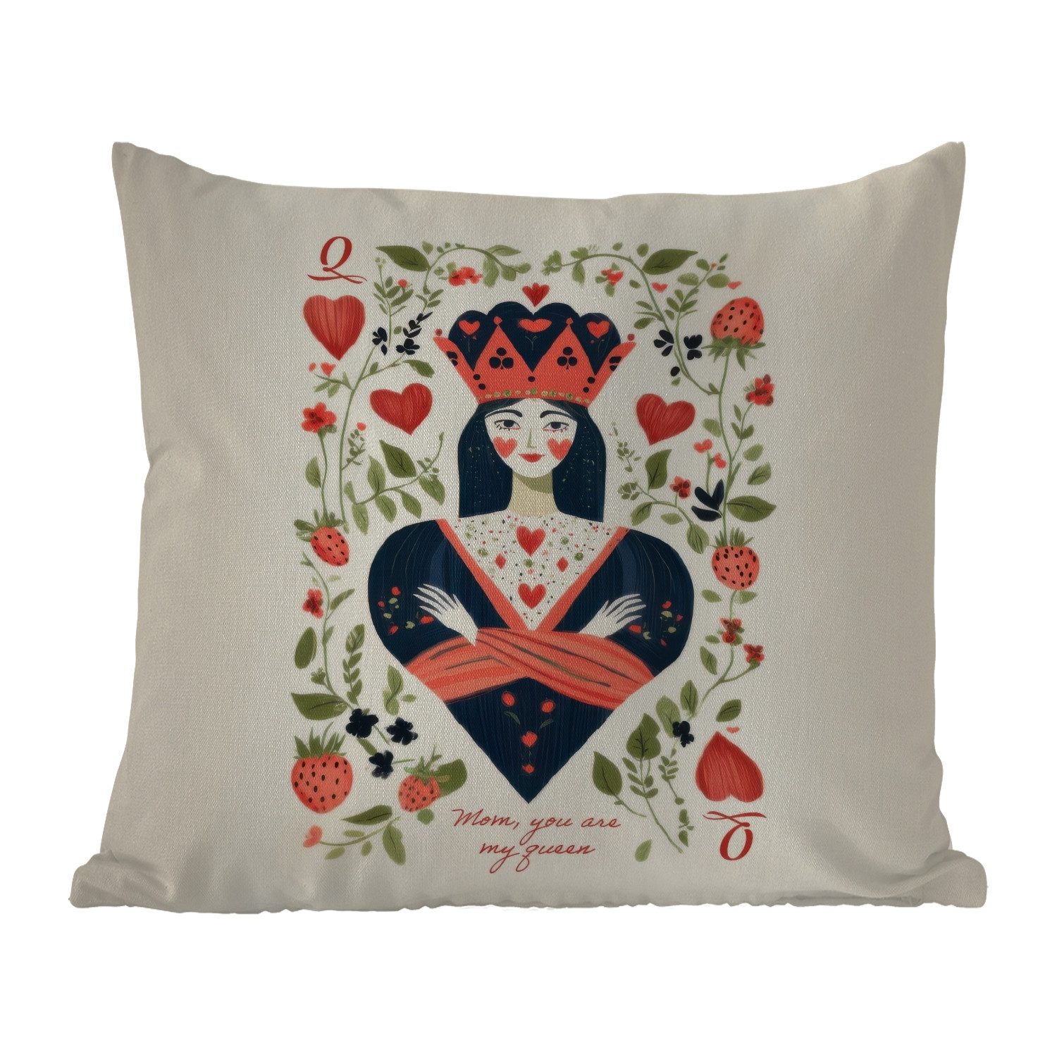 MuchoWow Dekokissen Spielkarte - Herzkönigin - Blumen - Herzen, Kissenhülle für den Außenbereich, Outdoor, Kissen, 60x60 cm