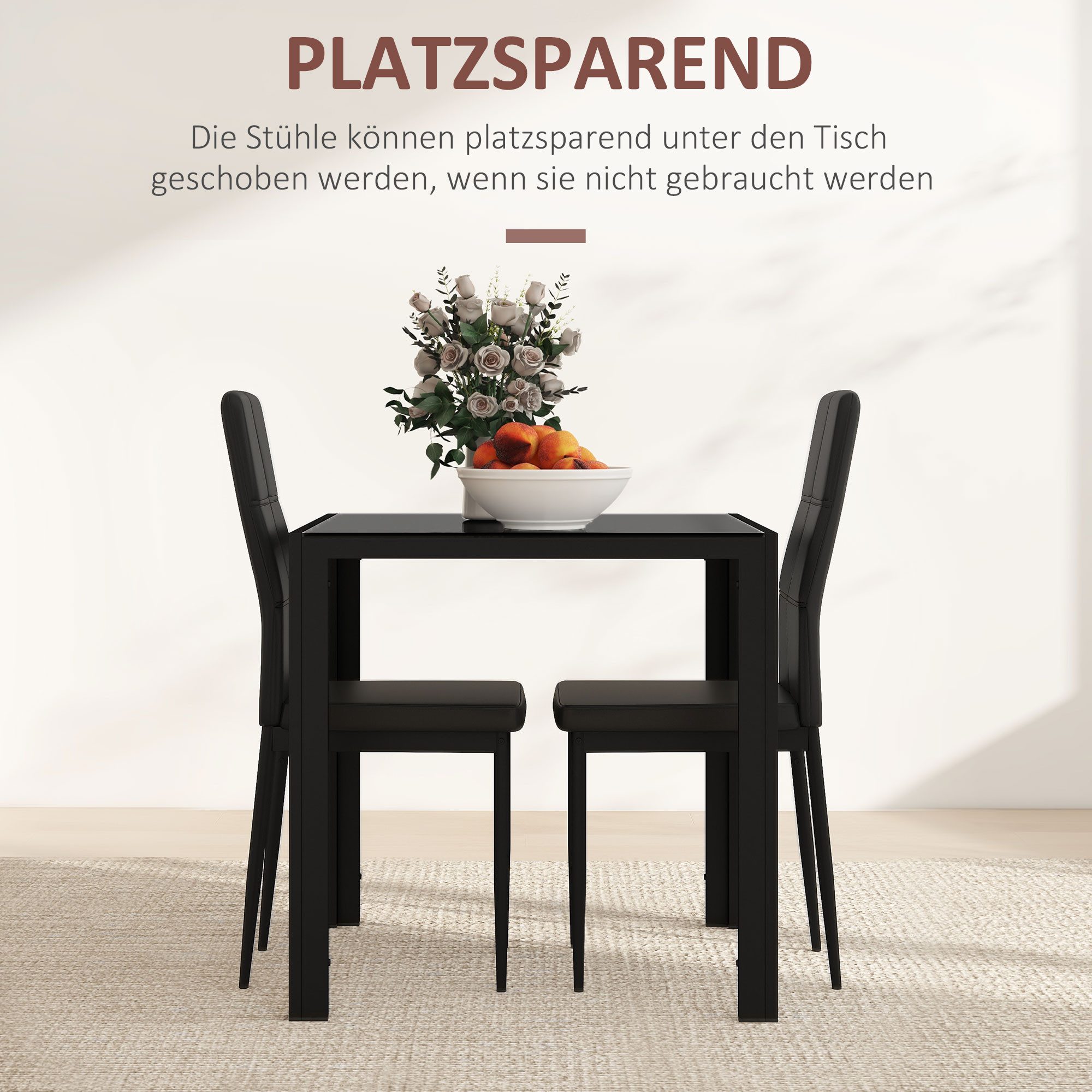 HOMCOM Essgruppe mit Glas-Tischplatte, (Esstisch mit 2 Stühlen, 3-tlg., platzsparend Esszimmergruppe), für Esszimmer, Küche Schwarz – Bild 4 von 5