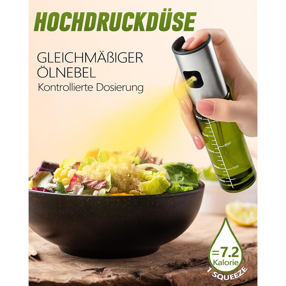 FOUORTUNATE-BEE Ölspender Ölsprüher für Speiseöl, grünes UV-Schutz Sprühflasche Öl, (1-tlg., 100ml Glas Öl Zerstäuber Küche Ölsprühflasche Heißluftfritteuse), Oil Sprayer mit Skala & Trichter, Ölspray für Öl & Essig