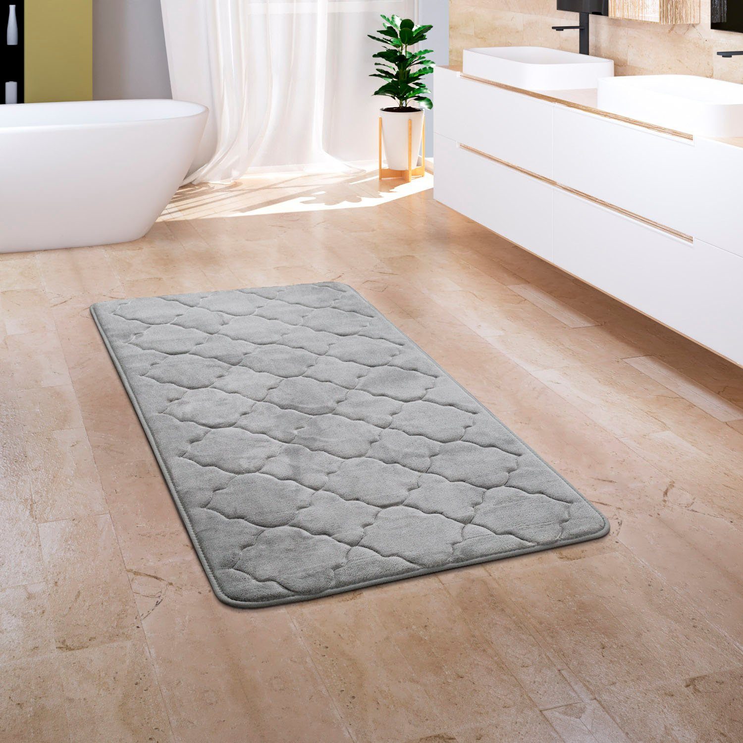 Badematte Corby 251 Paco Home, Höhe 13 mm, rutschhemmend beschichtet, fußbodenheizungsgeeignet, Polyester, rechteckig, Badteppich, Ornamente, Hoch-Tief Effekt, Memory-Foam Effekt