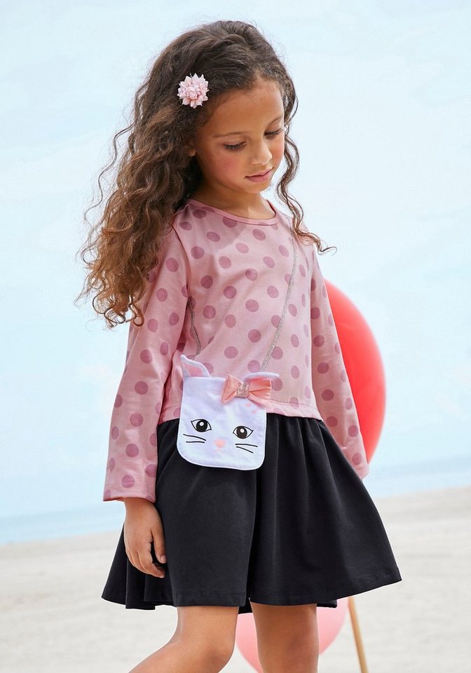 KIDSWORLD Jerseykleid für kleine Mädchen mit appliziertem Glitzerband und  kleiner Tasche