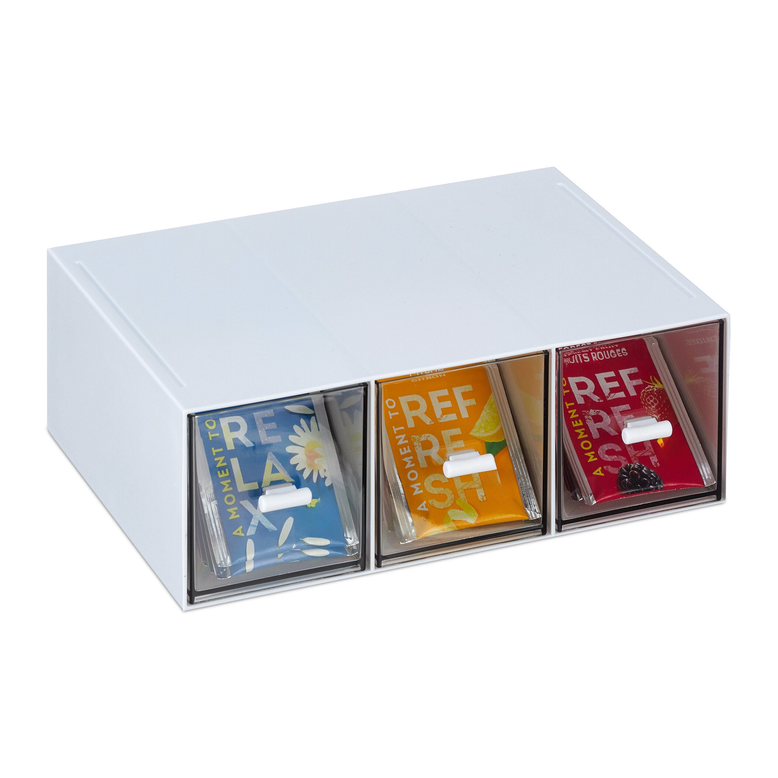 relaxdays Teebox Tee Organizer mit 3 Fächern, Kunststoff, (1-teilig, 1-tlg., ohne Deko, 1x Teeaufsteller)