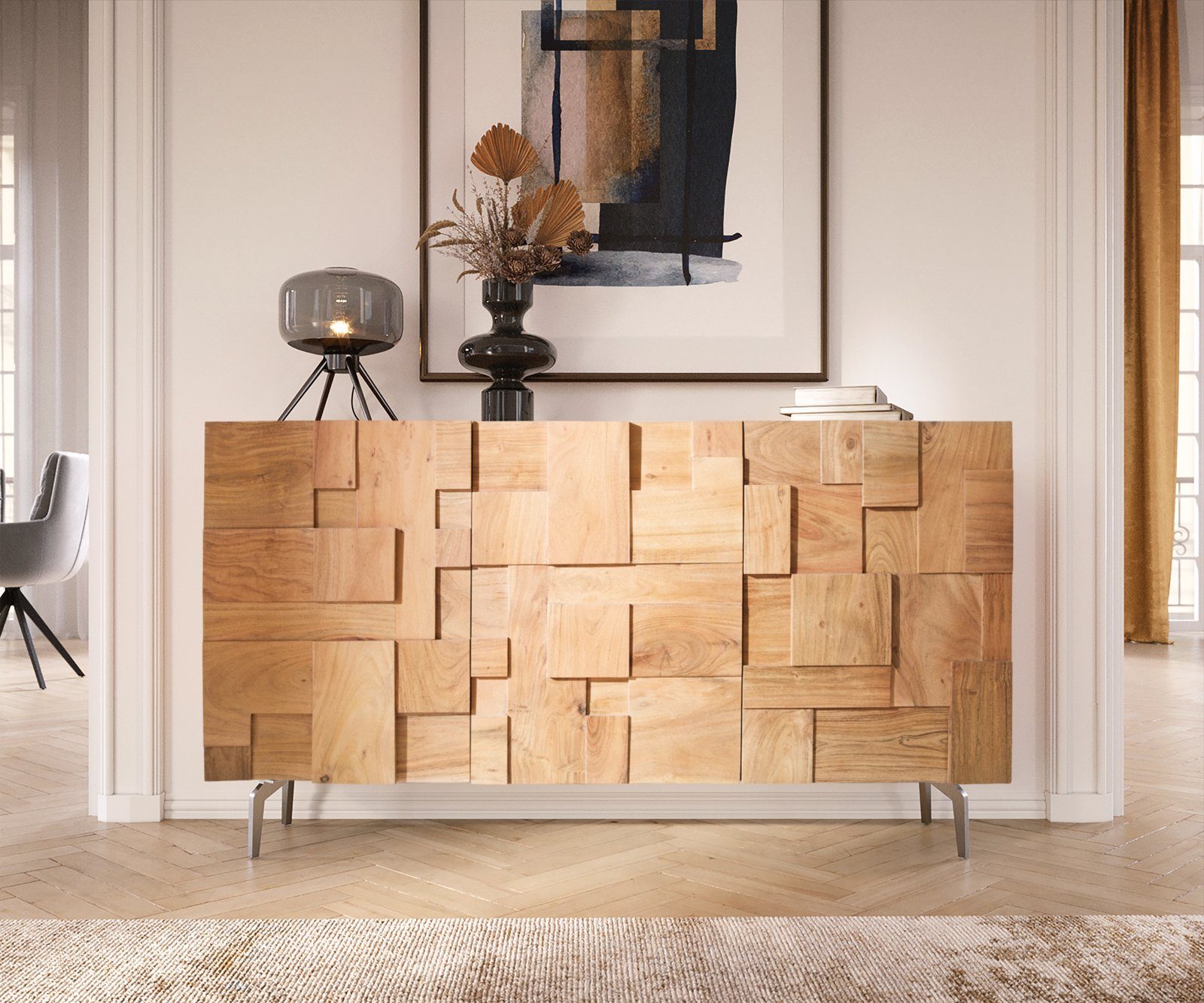 DELIFE Sideboard Puzzle, Akazie Natur 145 cm Winkelfuß Edelstahl Sideboard