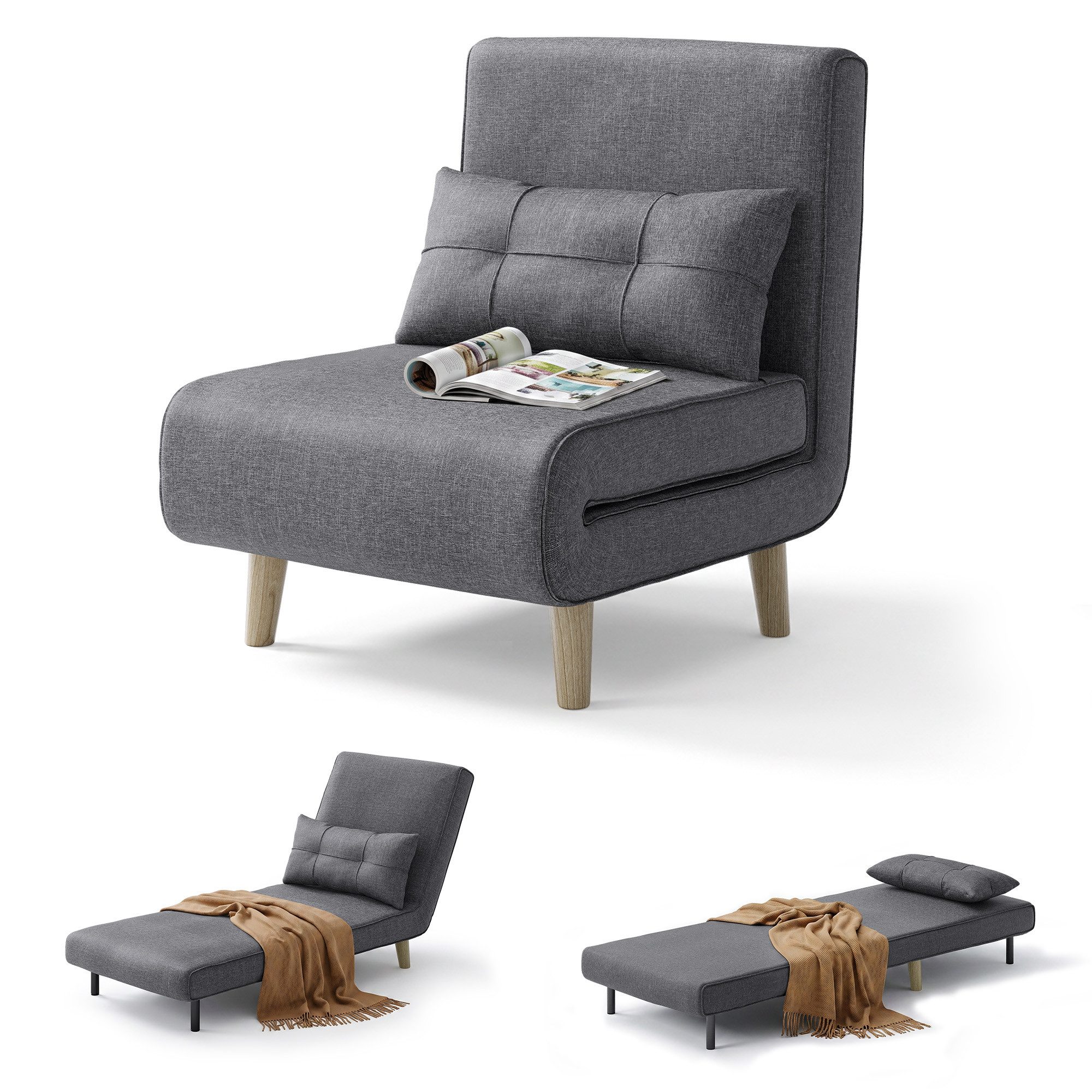 Blishom Relaxsessel Schlafsessel 3 in 1, Klappsessel mit verstellbarer Rückenlehne, Einzel Schlafsofa mit Kissen, platzsparende Gästeliege