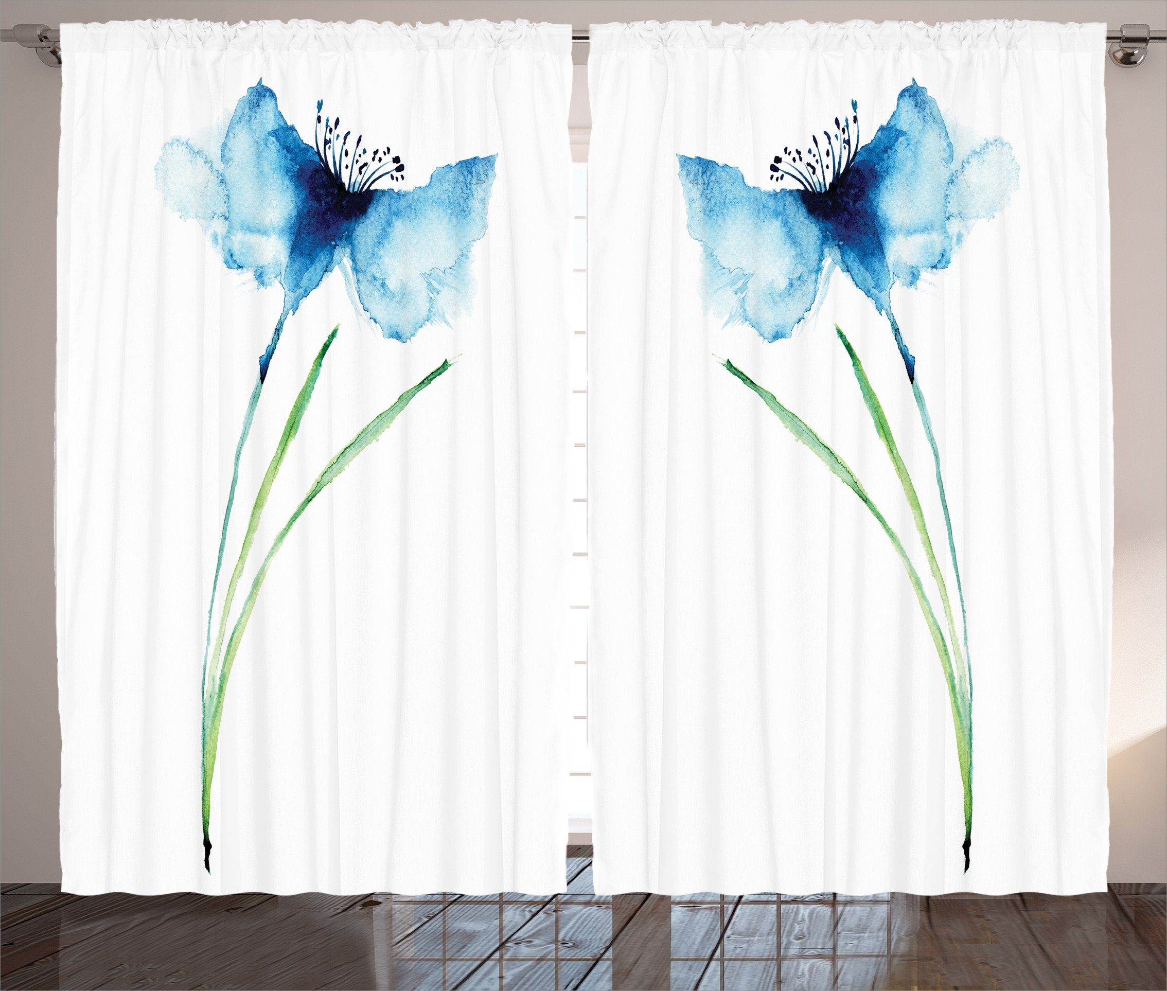 Gardine Schlafzimmer Kräuselband Vorhang mit Schlaufen und Haken, Abakuhaus, Blumen Cornflower Botanik | Fertiggardinen